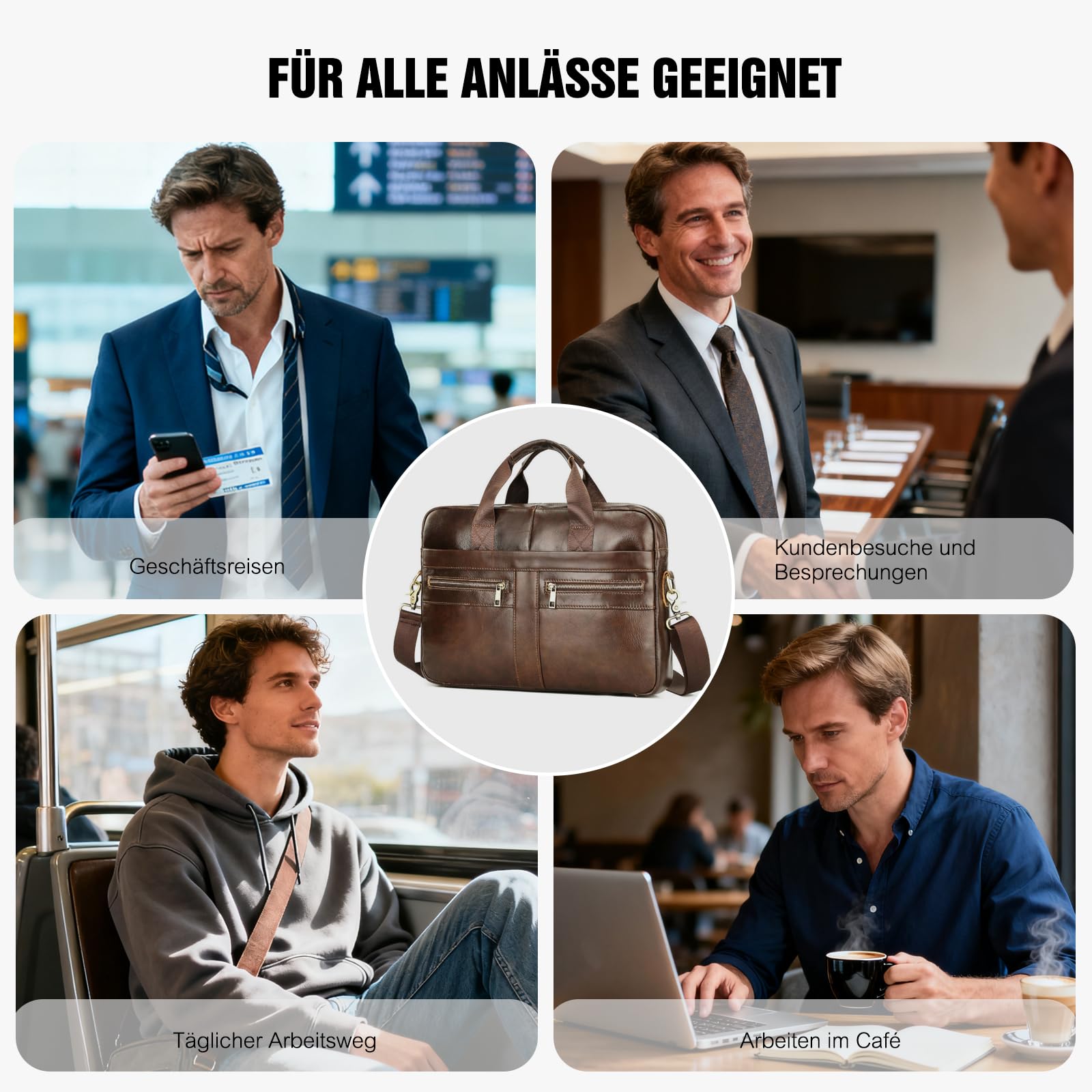 FANDARE Herren Leder Aktentasche Dokumententasche Geschäftstasche Business Messenger Handtasche Mappe Aktenkoffer Umhängetasche für 15.6 Zoll Laptoptasche Henkeltasche für Arbeit und Reisen