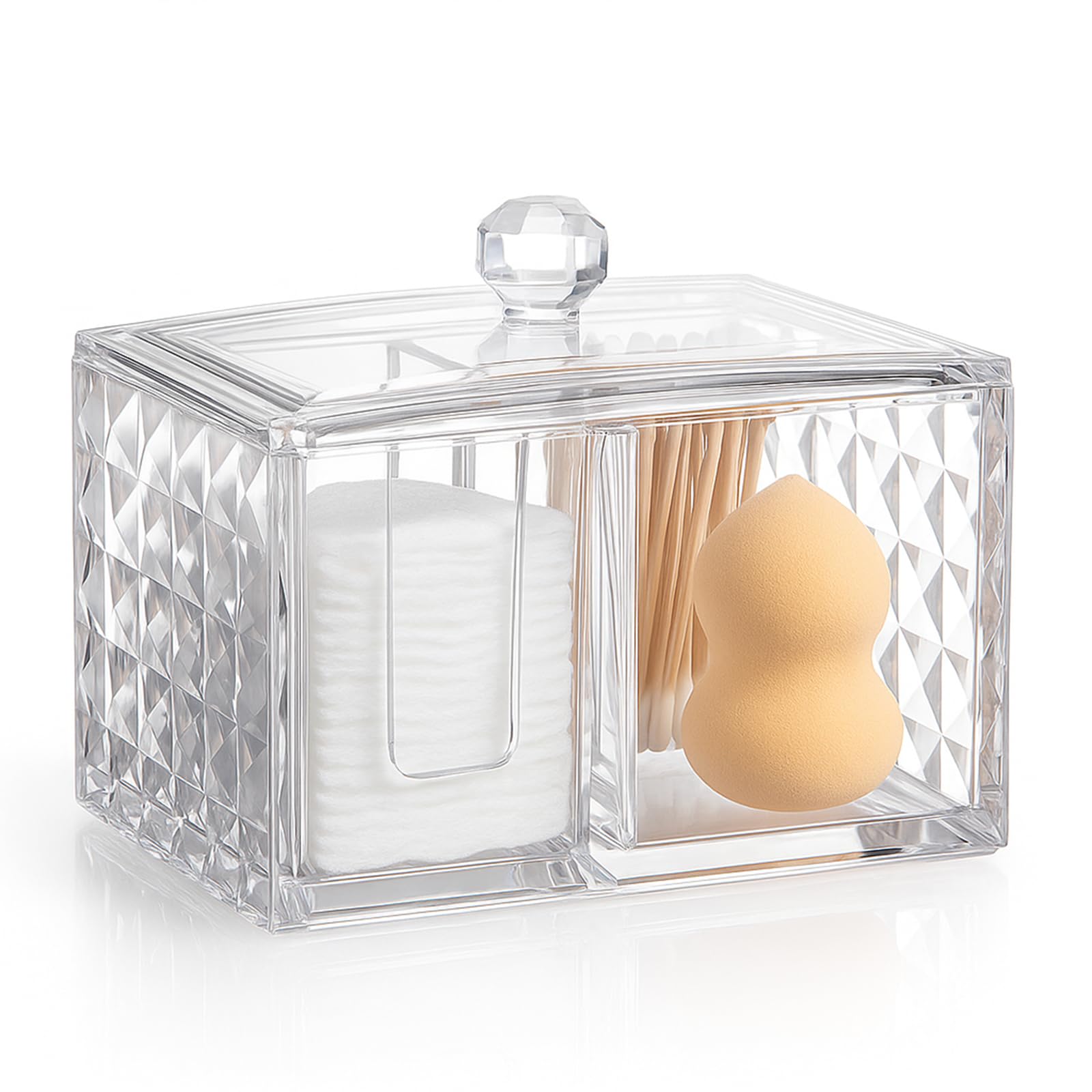 Cotton Swab Holder - Compact Bathroom Canister with Lid and 3 Compartments for Organizing Cotton Ball Swab Pad