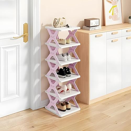 Miniatura 1 de Organizador de zapatos plegable de 6 niveles de instalación estrecha y libre, pequeño zapatero para puerta delantera, entrada y almacenamiento de