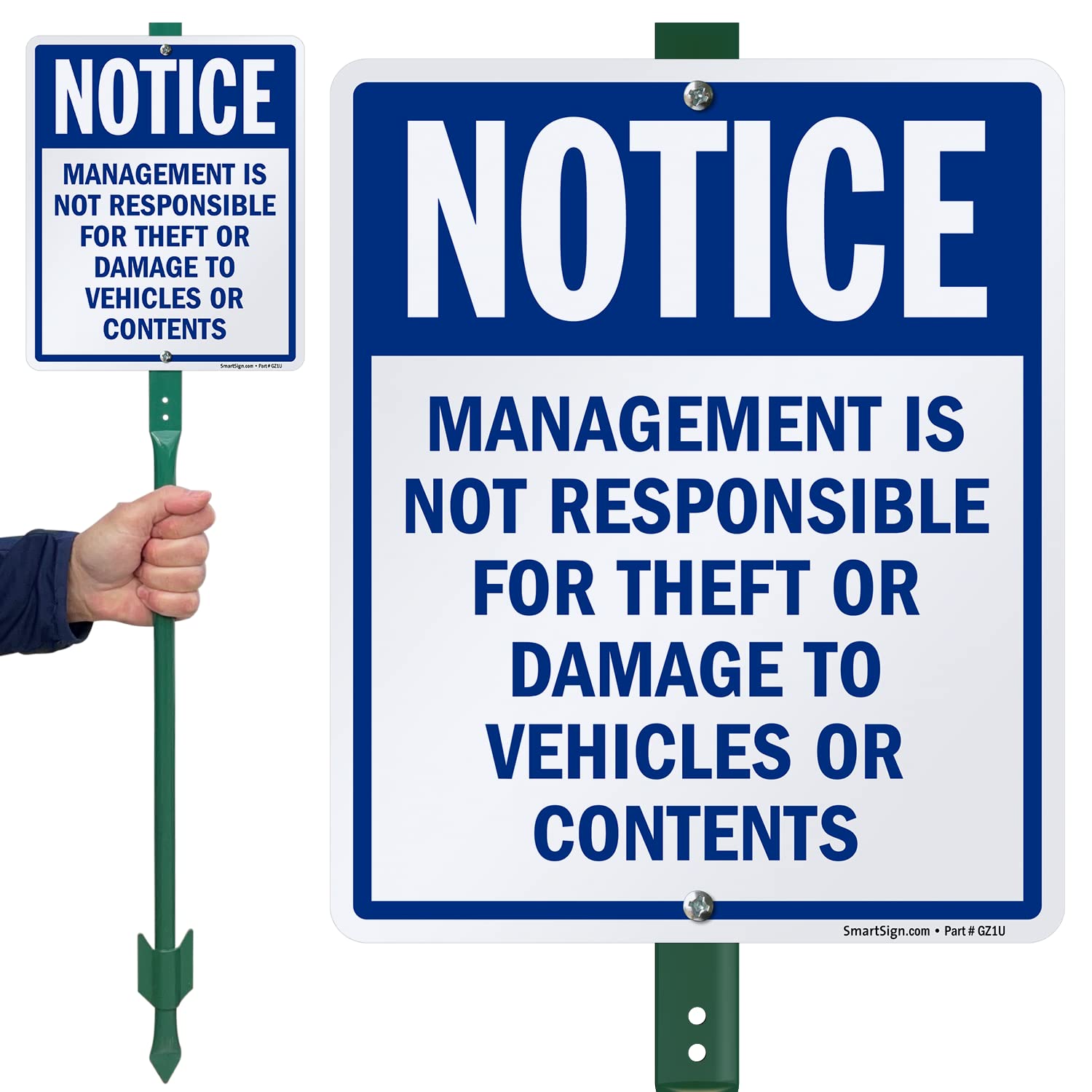 SmartSign 12" x 10" 'Notice Management Is Not Responsible for Theft/Damage to Vehicles Or Contents' Yard Sign with 3 ft Stake, 40 mil Laminated Aluminum, Blue and White, Set of 1, USA-Made