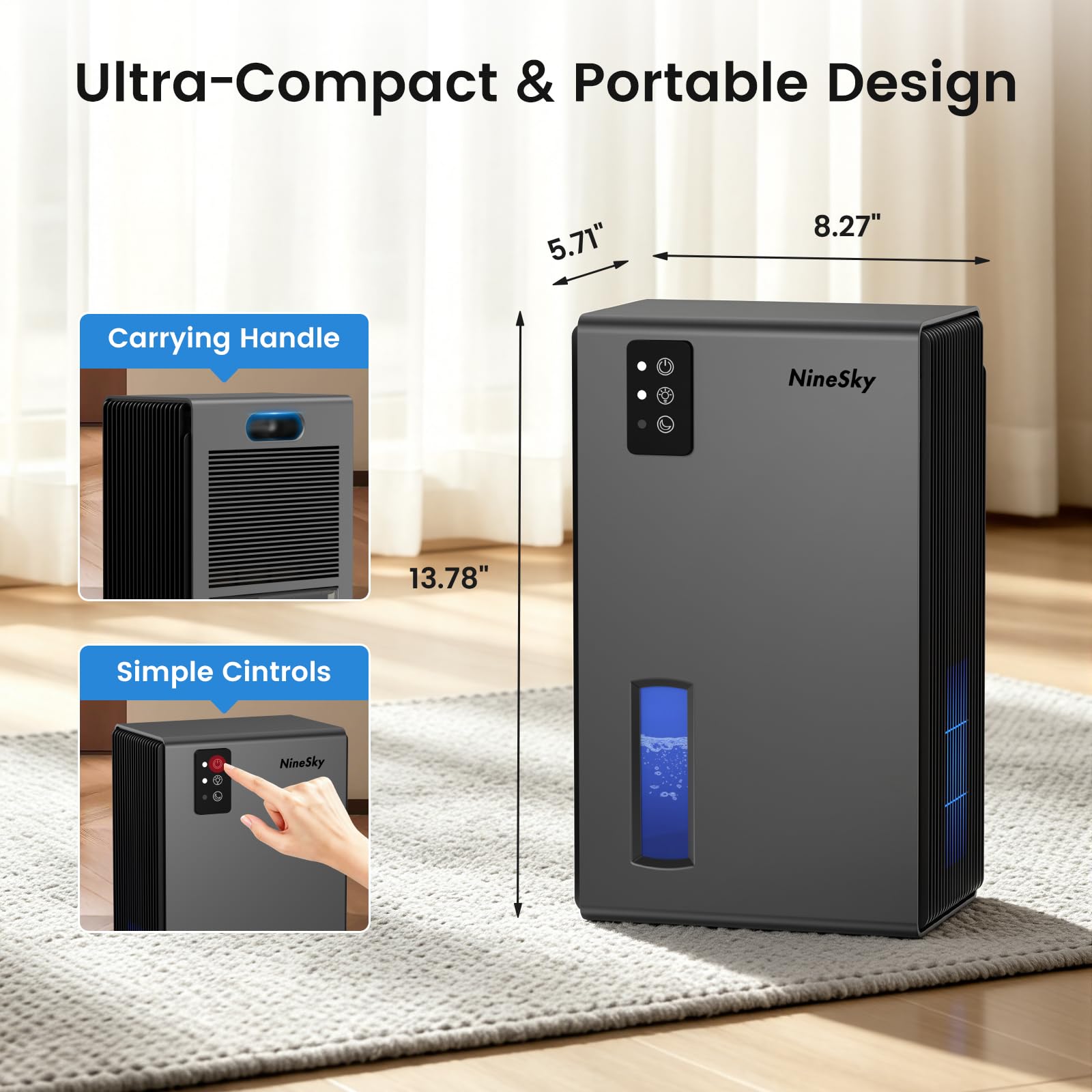 NineSky Deumidificatori per la casa, 1000 mq, deumidificatore con serbatoio dell'acqua da 2,7 l, deumidificatore silenzioso per cantina, bagno, camera da letto, con luce ambientale a 7 colori e