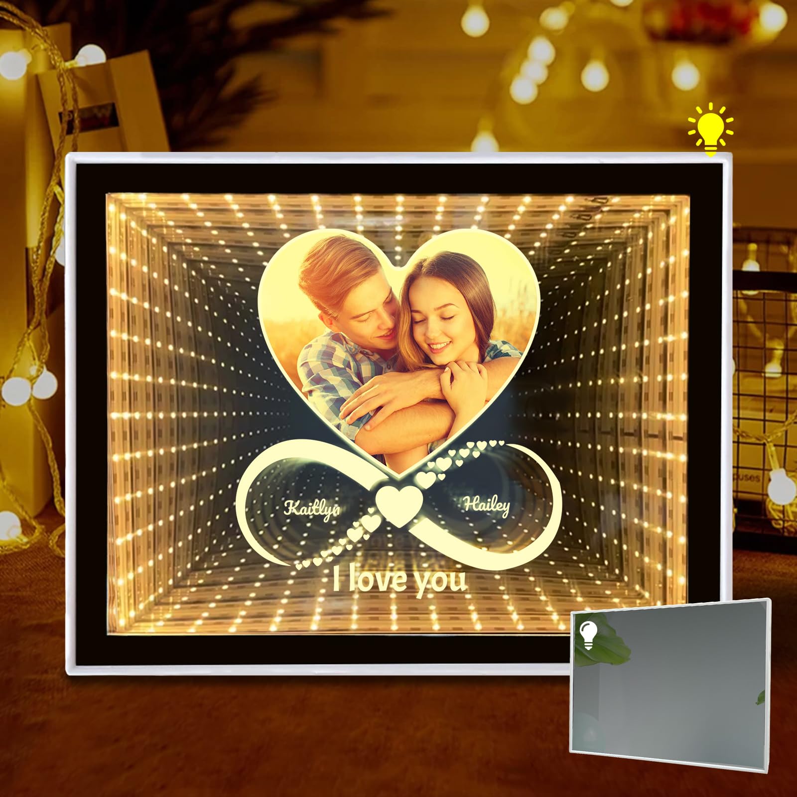 Personalized Infinity Mirror Tunnel Light with Photo/Text, Custom Couple LED Night Light 3D Magic Mirrors Desktop Photo Frame with Light, Home Decor Makeup Mirrors Gifts for Valentine's Day โ image 1