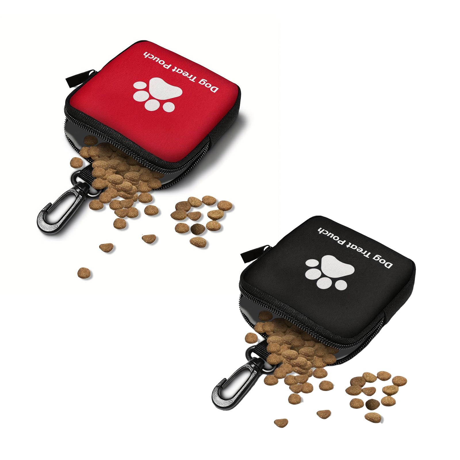 2 PCS Small Dog Treat Bag,with Belt Clip and Paw Print Pet Training Treat Bag,Puppy Training Pouch with Zipper,Portable Pet Walking Bags,for Pets Puppy Walking, Travel or Outdoor Use (Black, Red)