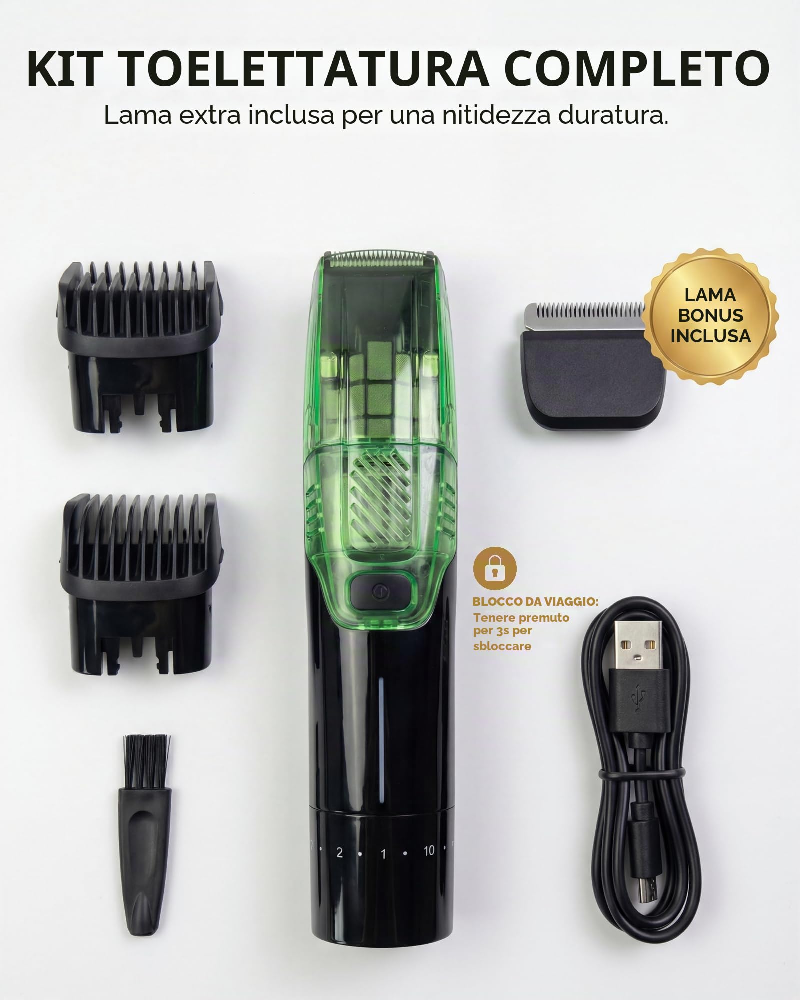 Regolabarba da uomo a vuoto – Aspirazione e potenza regolabili a 2 velocità, IPX6 impermeabile Wet/Dry Tagliacapelli senza fili. 40 impostazioni di lunghezza (0,5-20 mm), ricarica rapida USB-C