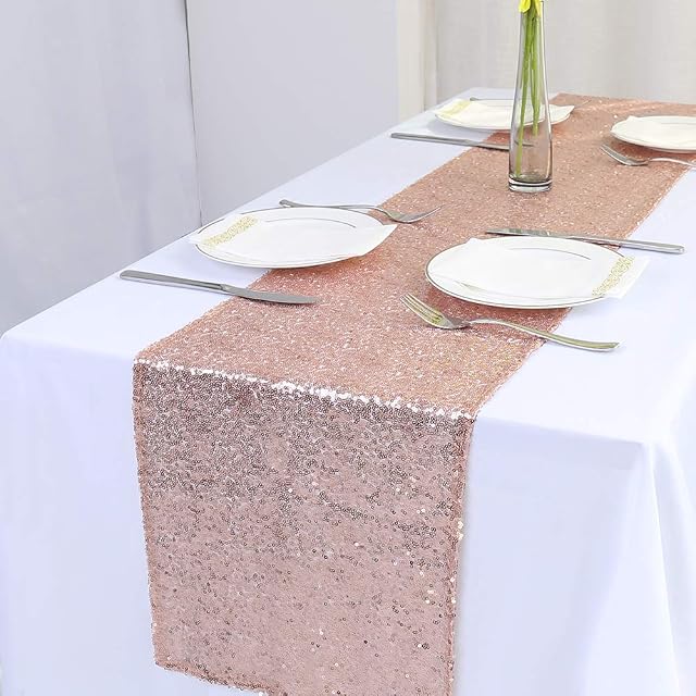 Zdada Rose Gold Sequin Table Runner Sparkly Metallic Sequin Runner for Wedding Party Dinner Reception-12 x120