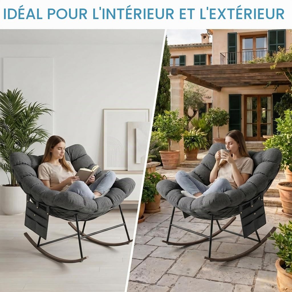 Fauteuil a Bascule Grand Extérieur avec Poche Latérale pour Salon, Jardin