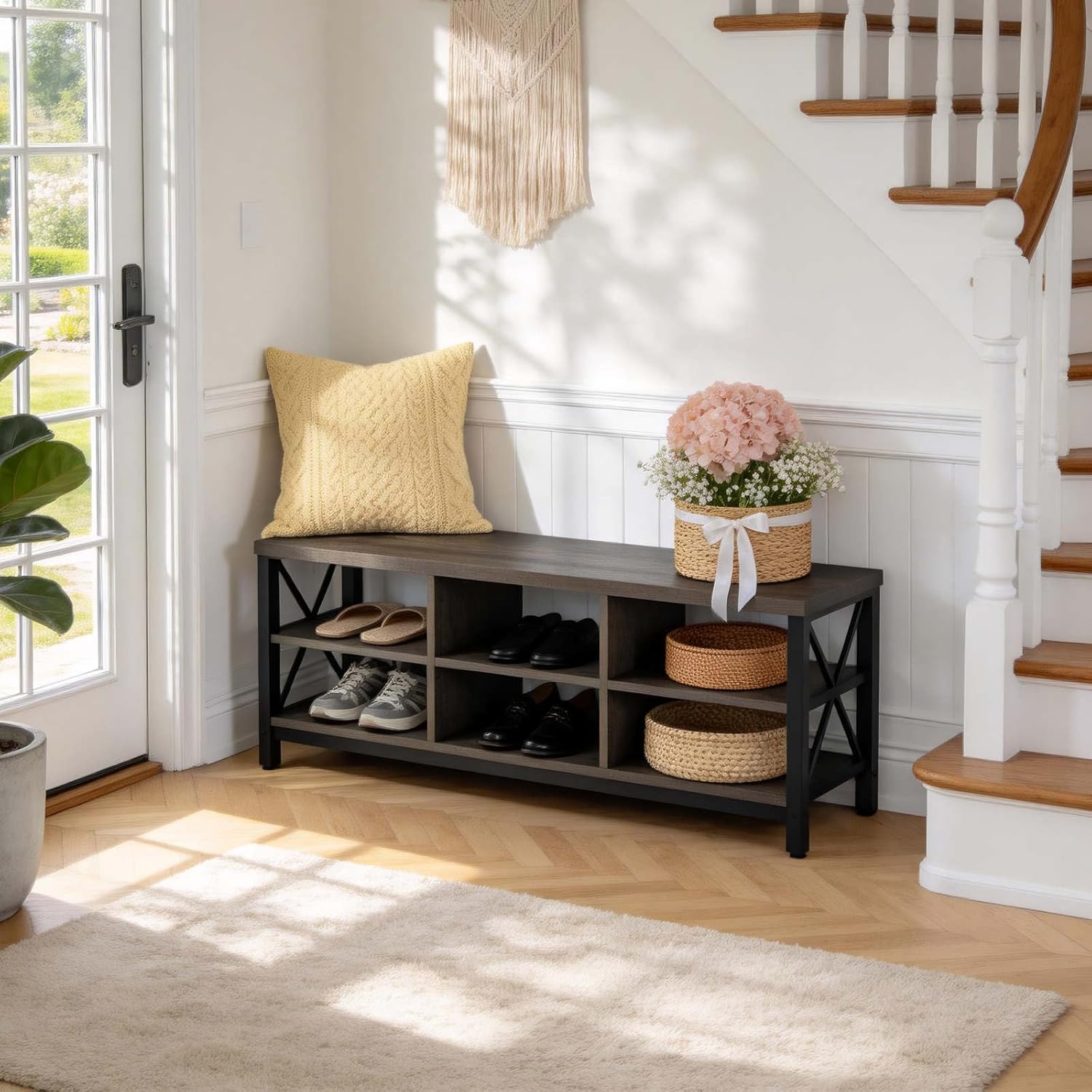 FATORRI Shoe Bench Entryway with Storage, Industrial Wood and Metal Hallway Benches with Adjustable Shelves, Rustic Entry Way Bench for Living Room (47.24 Inch Long, Walnut Brown)