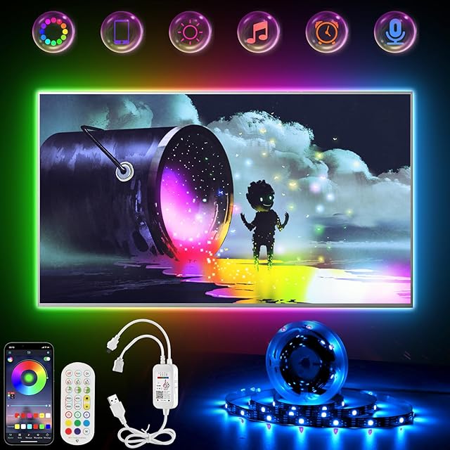 TV LED Podświetlenia 2M, Led Strip Lights z Bluetooth APP Control dla 32-60 cala TV, 16 milionów kolorów,Music Sync+wrażliwy Mic,Timing Function,Samoprzylepna,Adapter USB Powered dla 55 58 60 65 Cali