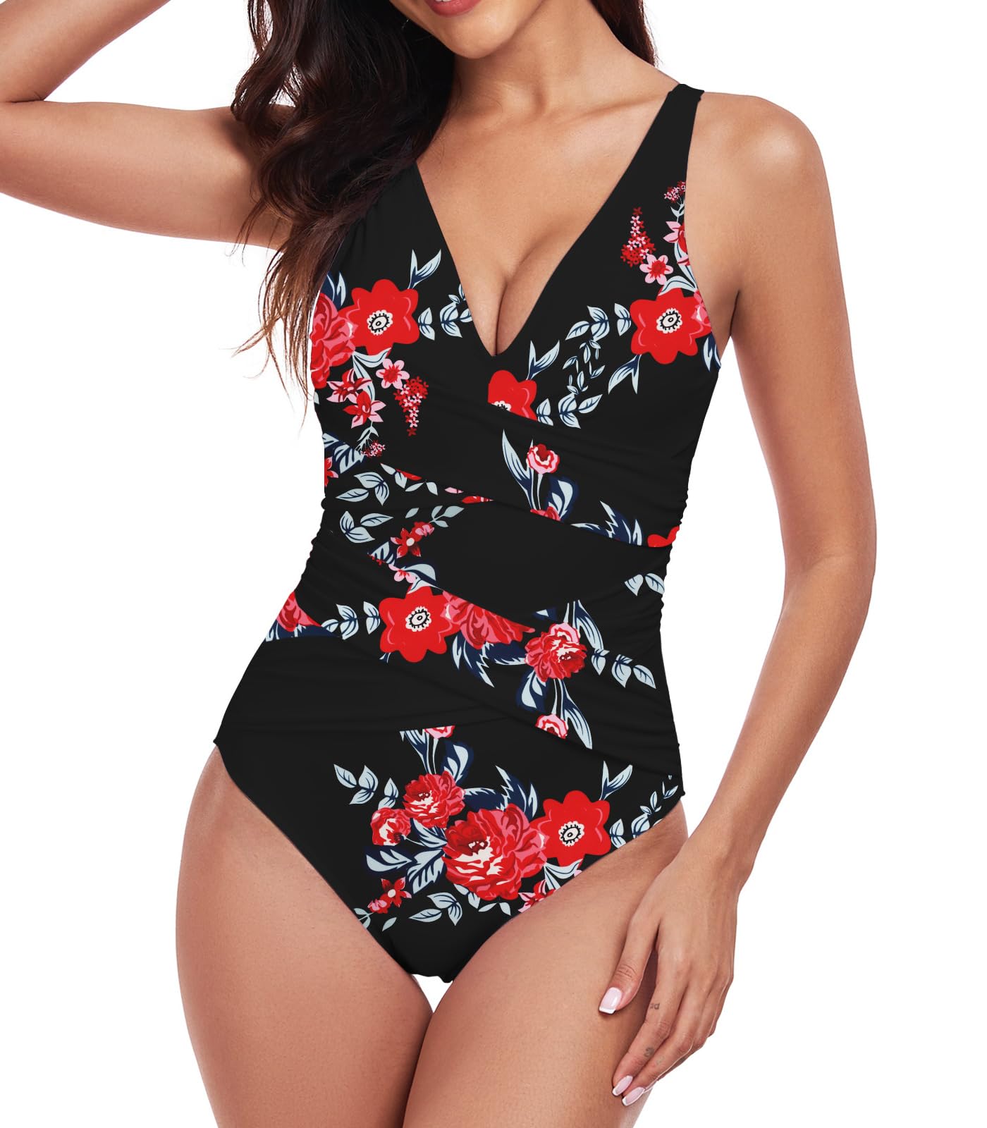 Womens One Piece Swimsuits Tummy Control Slimming Bathing Suits for Women Push Up Swim Suit Ruched Swimwear