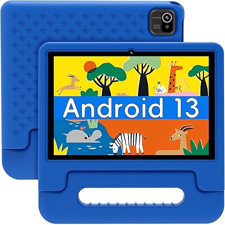 ApoloMedia Kids Tablet, 10 inch Tablet for Kids with EVA Shockproof Case, 2+32GB, Pre-Installed Google Kids Space, Parental Control, 5000mAh Battery, Android 13 Toddler Tablet Ages 3-7 (Blue)
