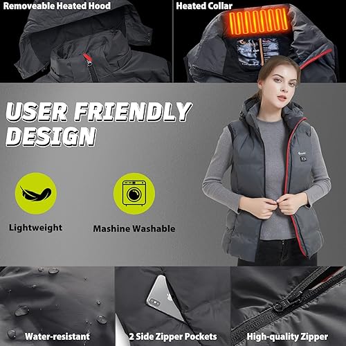 Miniatura 5 de Eoyekli Chaleco térmico ligero para mujer, capucha térmica desmontable y batería de 7.4 V 16000 mAh, chaleco térmico de ajuste delgado para mujer