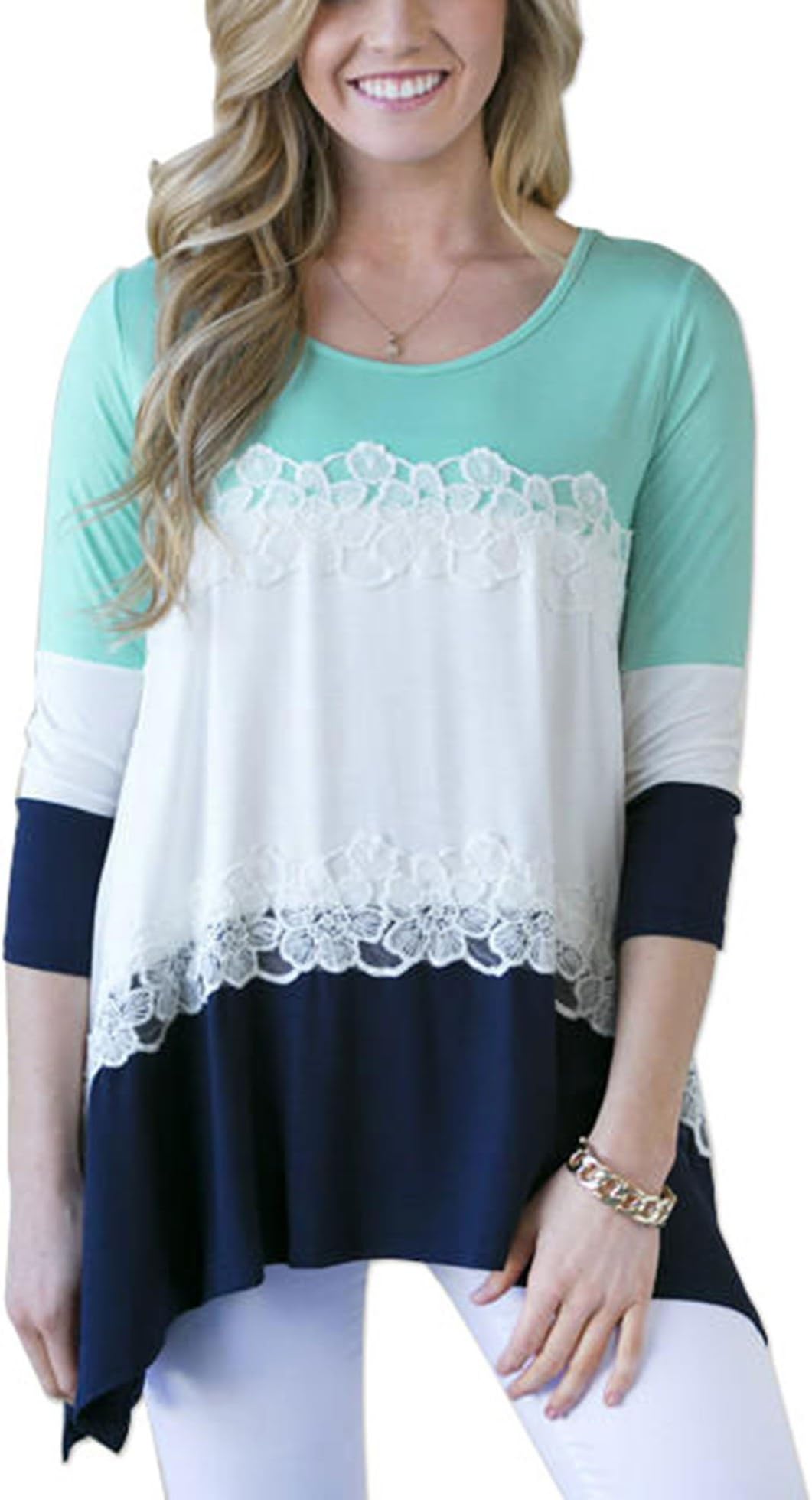 Women Color Block Lace Patchwork Irregular Hem 3/4 Sleeve Blouse Tee T-shirt Tops (L, Blue)