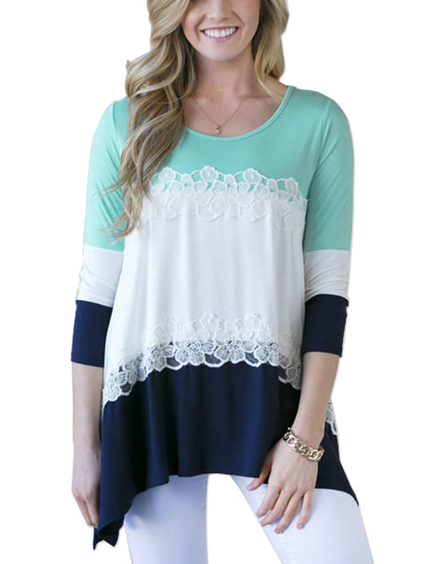 Women Color Block Lace Patchwork Irregular Hem 3/4 Sleeve Blouse Tee T-shirt Tops (L, Blue)