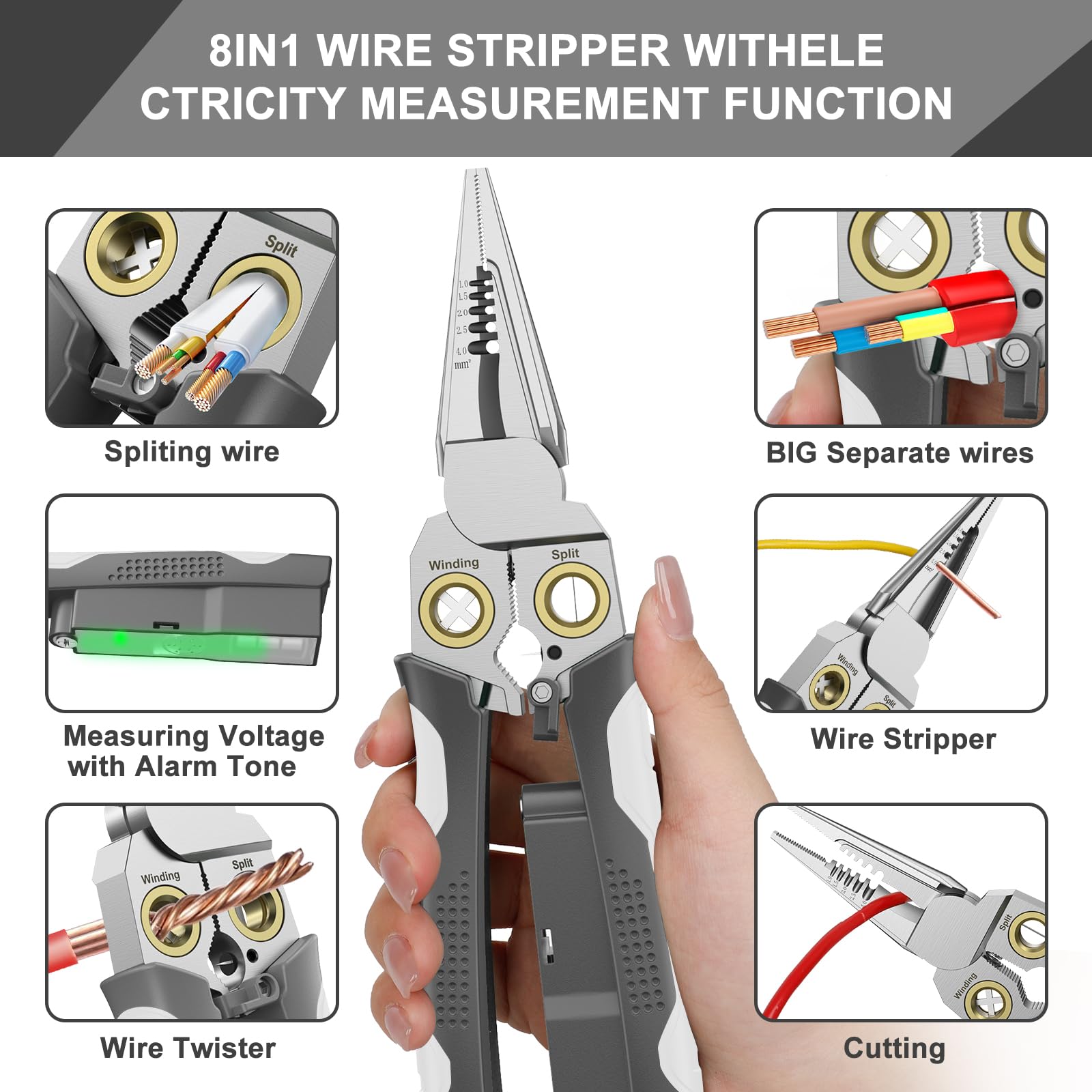 GADO Pro 8-in-1 Wire Stripper/Cutter with Voltage Tester & Dual Alarms - Heavy Duty 12-250V AC/DC Electrical Tester for Hot/Neutral Wires - Electrician, HVAC, Car Repair Tool (Gray) — Amazon image 4