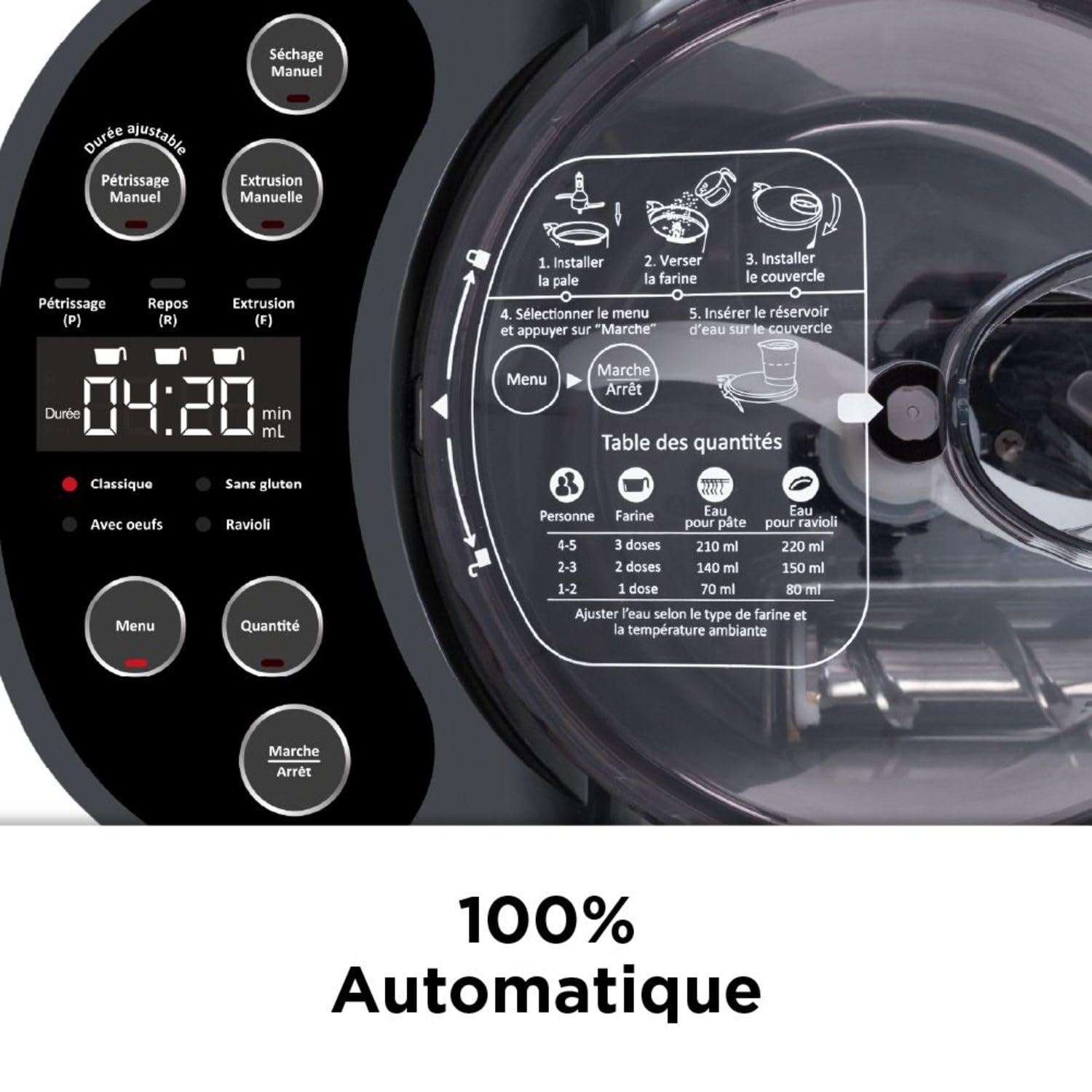 riviera&bar Machine à Pâtes Automatique en Métal - 4 Programmes pour Pâtes Maison, Ventilation Séchage Rapide, Vis Inox, Pesée Automatique - Compacte et Facile à Nettoyer - Noir/Inox