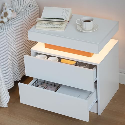 Miniatura 5 de Juego de 2 mesas auxiliares LED, moderna mesita de noche con 3 luces LED y 2 cajones, muebles LED para dormitorio, sala de estar y sala de juegos,