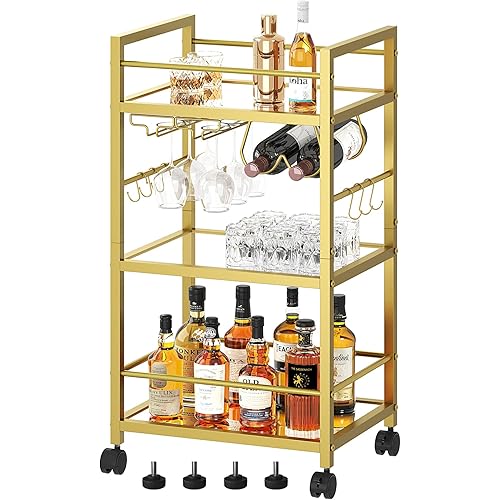 Bar Cart, Serving Cart for Home, Microwave Cart, Drink Cart, Mobile Kitchen Shelf with Wine Rack and Glass Holder, Rolling Beverage Cart for Dining Room, Gold