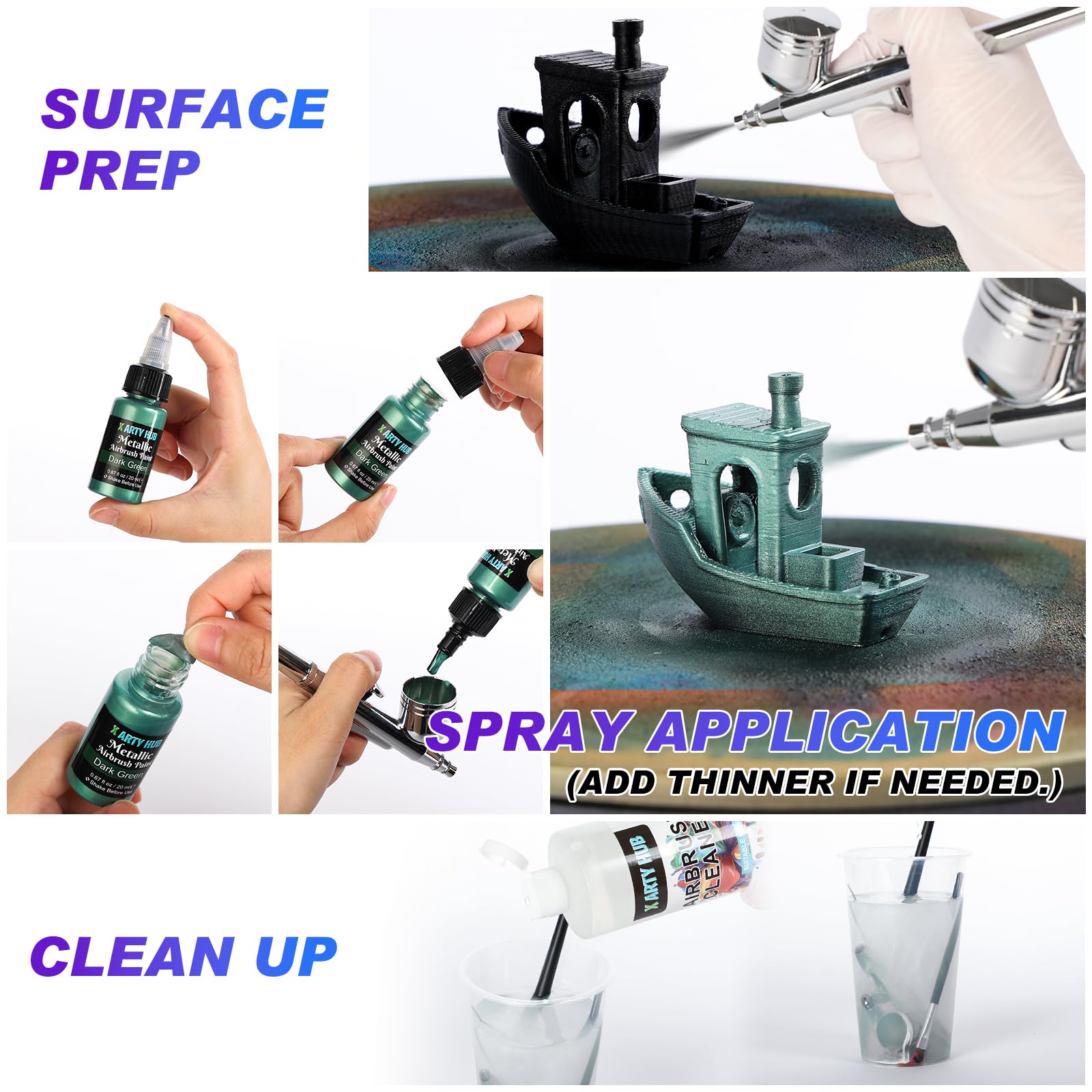 Kit 36 Colori Metallizzati per Aerografo, Primer Nero e Diluente 120 ml e Detergente 500 ml, Colori Acrilici Pronti all'Uso, Set di Pittura Aerografica d'Acqua per Artisti e Principianti
