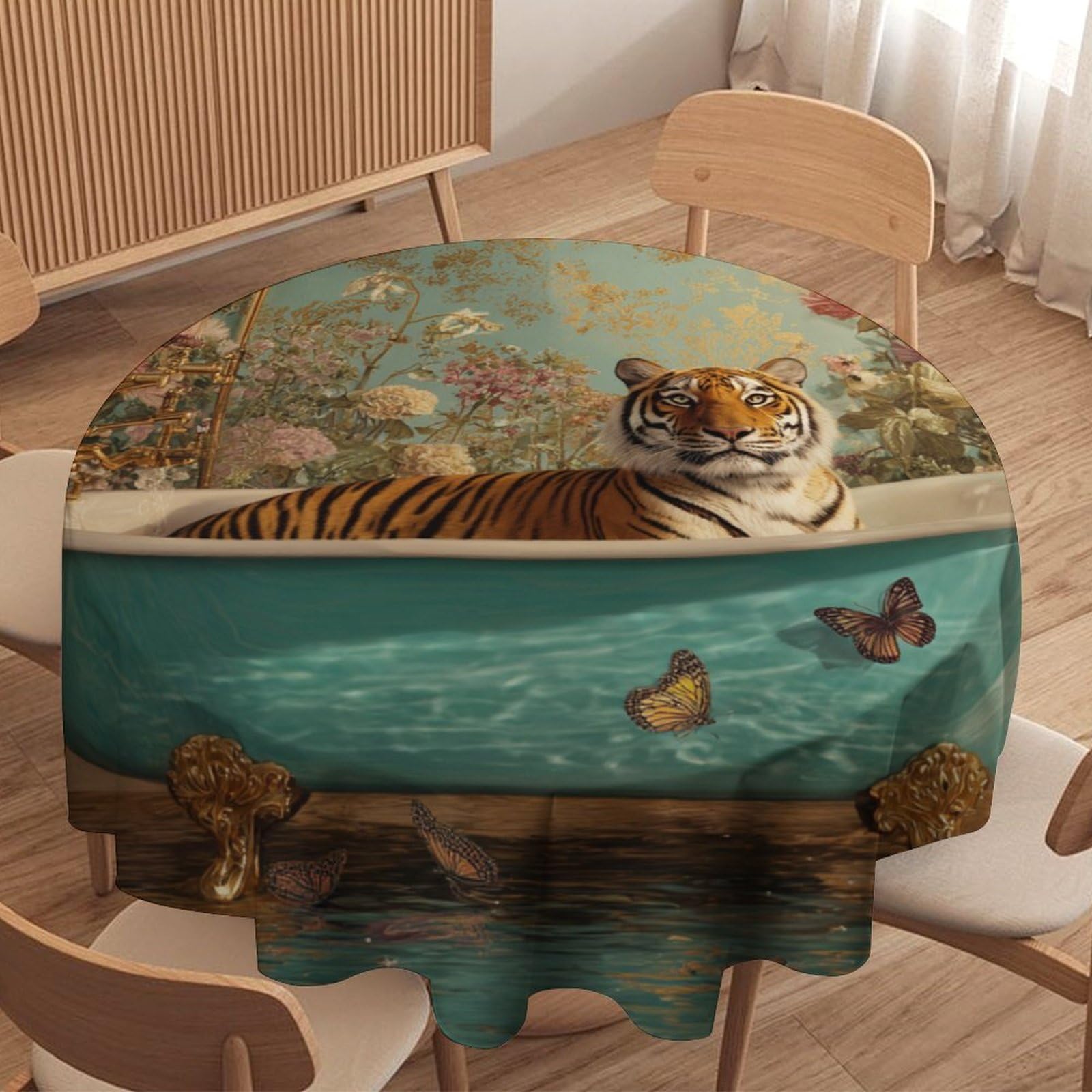 LUYYSKY Classic Realistic Tiger Waterproof Round Tablecloth Beautiful Vintage Bathroom Art Animals Tigers Butterflies Pattern Washable Table Cover for Kitchen-91.4" Wx91.4 L cm