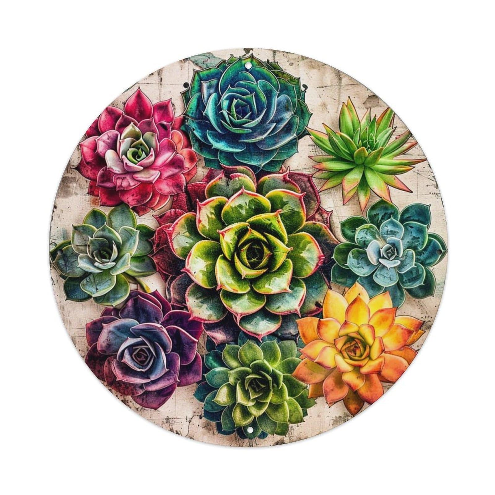 Colorful Succulent Rosette Pattern Print Vintage Metal Tin Sign Retro Wall Decor for Home Bar Garage Cafe, Indoor & Outdoor Decorative，circle Metal Poster, 8x8 Inch