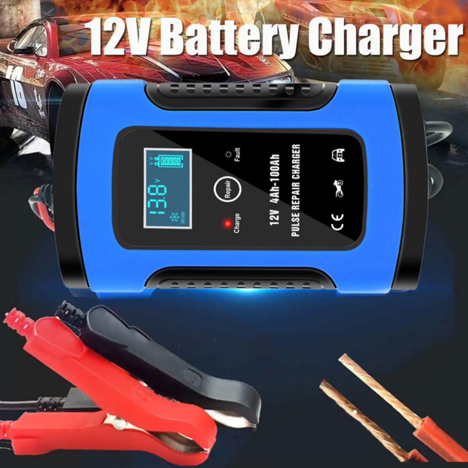 Cargador de batería de Coche Inteligente Totalmente automático con Enchufe UE de 12 V y 6 A, Cargador de Mantenimiento y reparación de pulsos para Coches, Motocicletas y embarcaciones