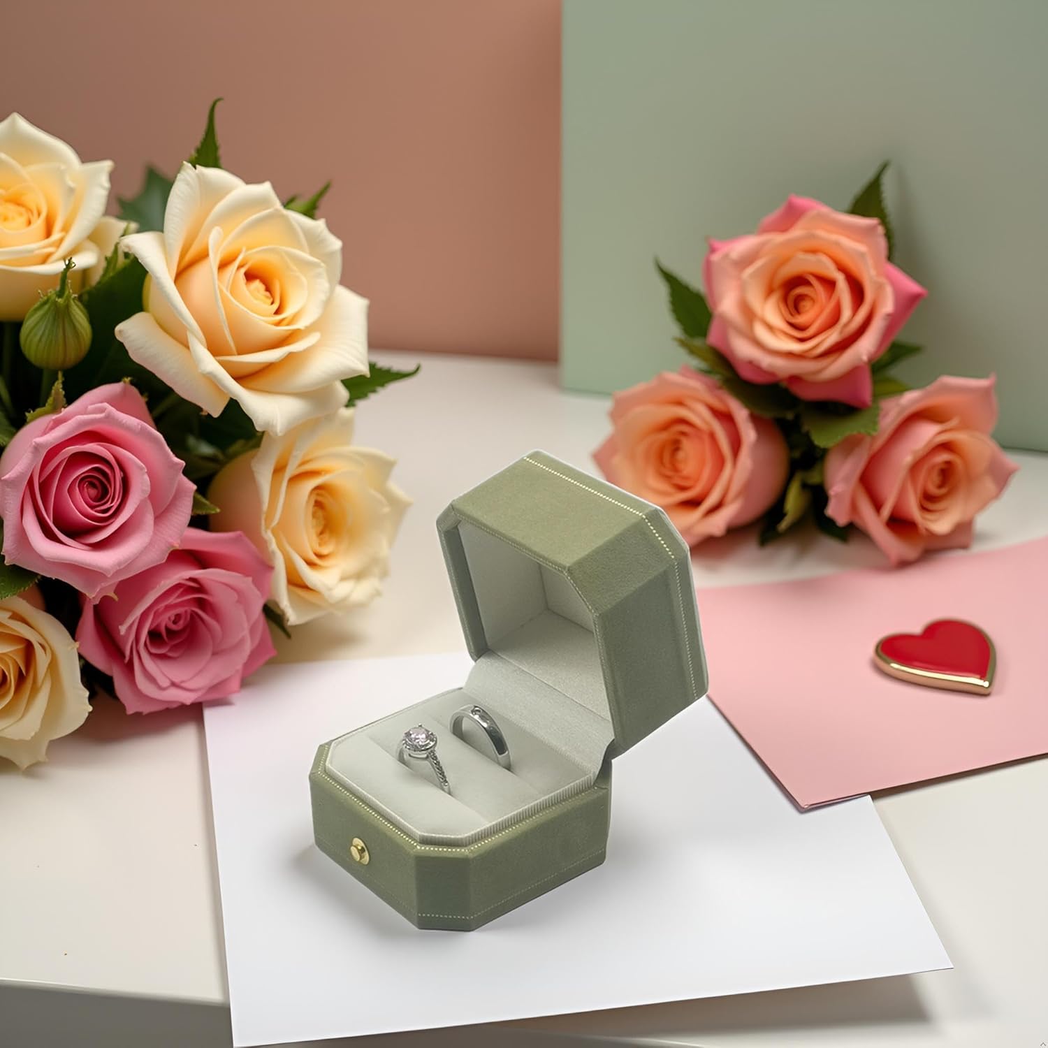 2 Slots Velvet Wedding Ring Box, Octagon Engagement Ring Box Ring Display Holder Case with Hinged Lid for Proposal Engagement Wedding, 2.44x2.44x2.17 IN-U2-PRB002-Green - Image 6