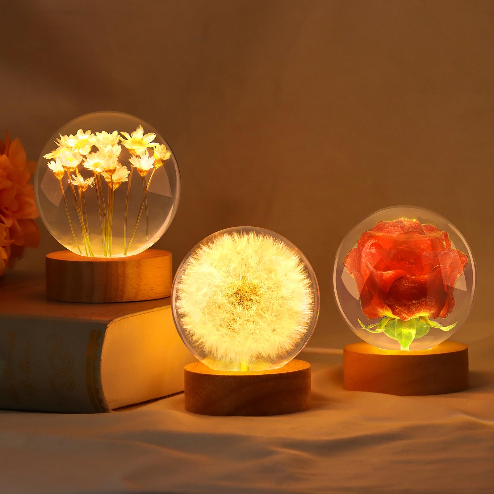 TUZELIYA Wisherfülller - Sfera di cristallo da 7 cm con base USB in legno, vero leone in vetro, regalo di compleanno per donne, regalo di compleanno, matrimonio, festa della mamma