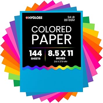 Hygloss Assorted Bright Colored Paper - 24 lb, 89 GSM, Acid-Free, Fade-Resistant, 8.5x11-Inch Letter Size Color Copy Paper, 144 Sheets, 12 Colors