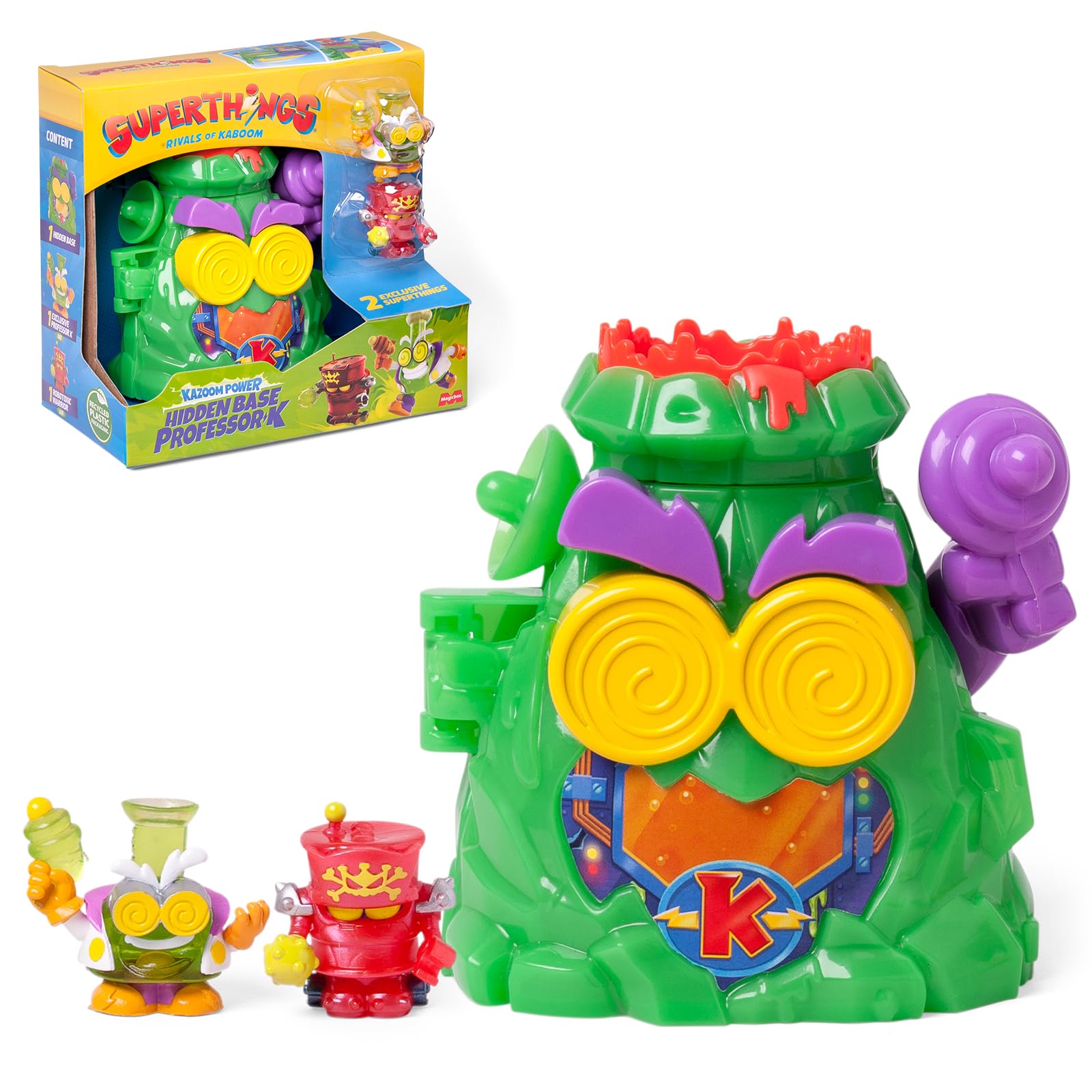 SUPERTHINGS KAZOOM Power – Hidden Base Professor K. Guarida del Professor K de la Serie de TV “Kazoom Power”. Contiene 1 Hidden Base, 1 Professor K Exclusivo, 1 Robotoxic Exclusivo