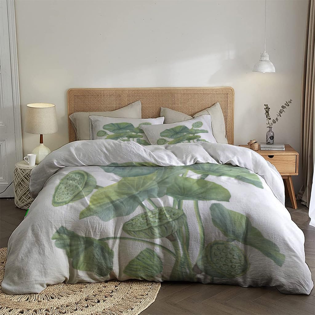 NIBAINLO 布団カバー水彩画の蓮の葉と花 肌に優しい ピーチスキン加工 掛け布団カバー 和式 洋式 あったか 布団カバーセット リバーシブル ホームステイ ホテル 家庭兼用