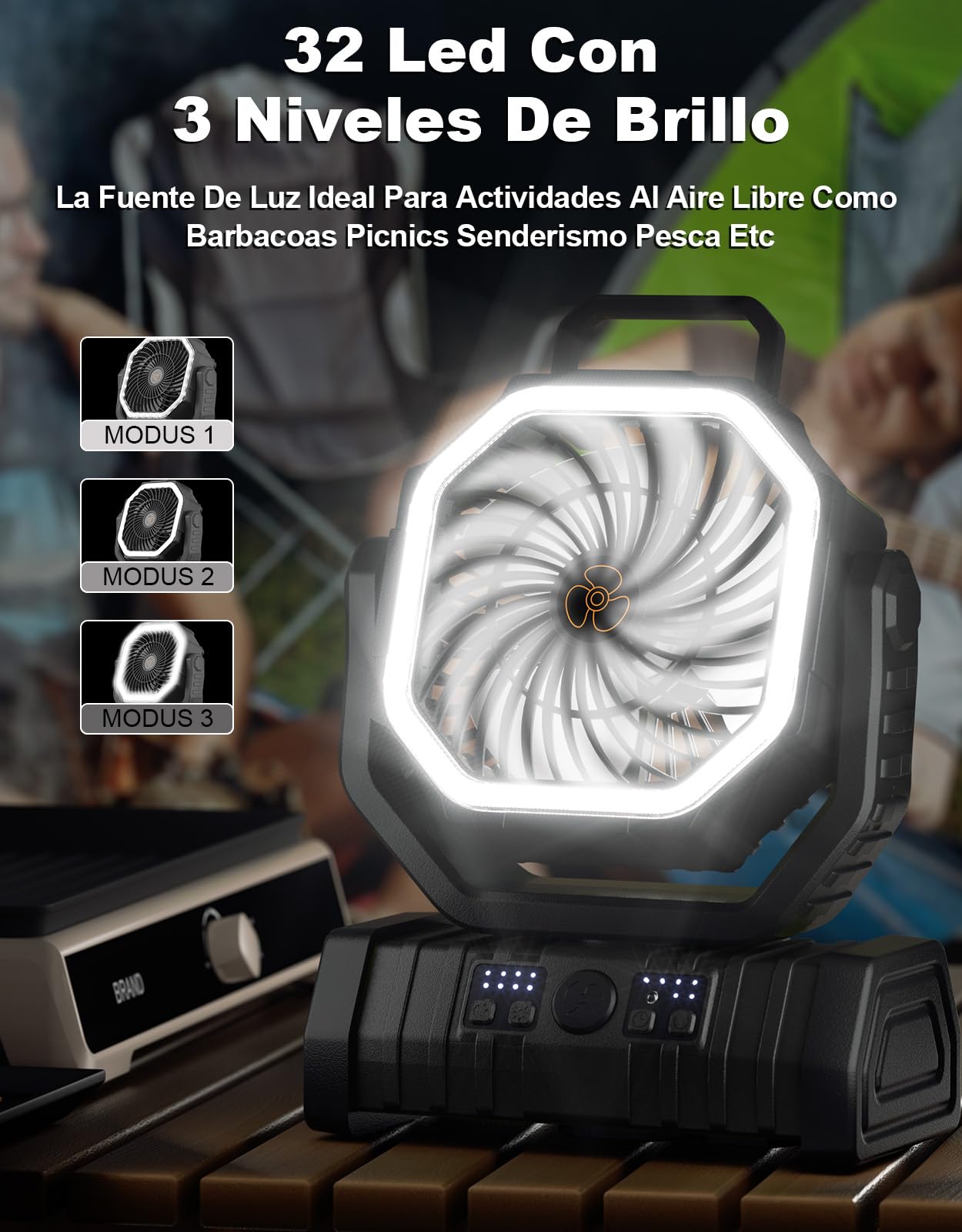 Richday Ventilador Camping 20000mAh, Ventilador Portatil Recargable, Ventilador USB de mesa con batería,Control Remoto, 270° de rotación,Luz LED, para Oficinas Dormitorio Tienda Camping Viaje