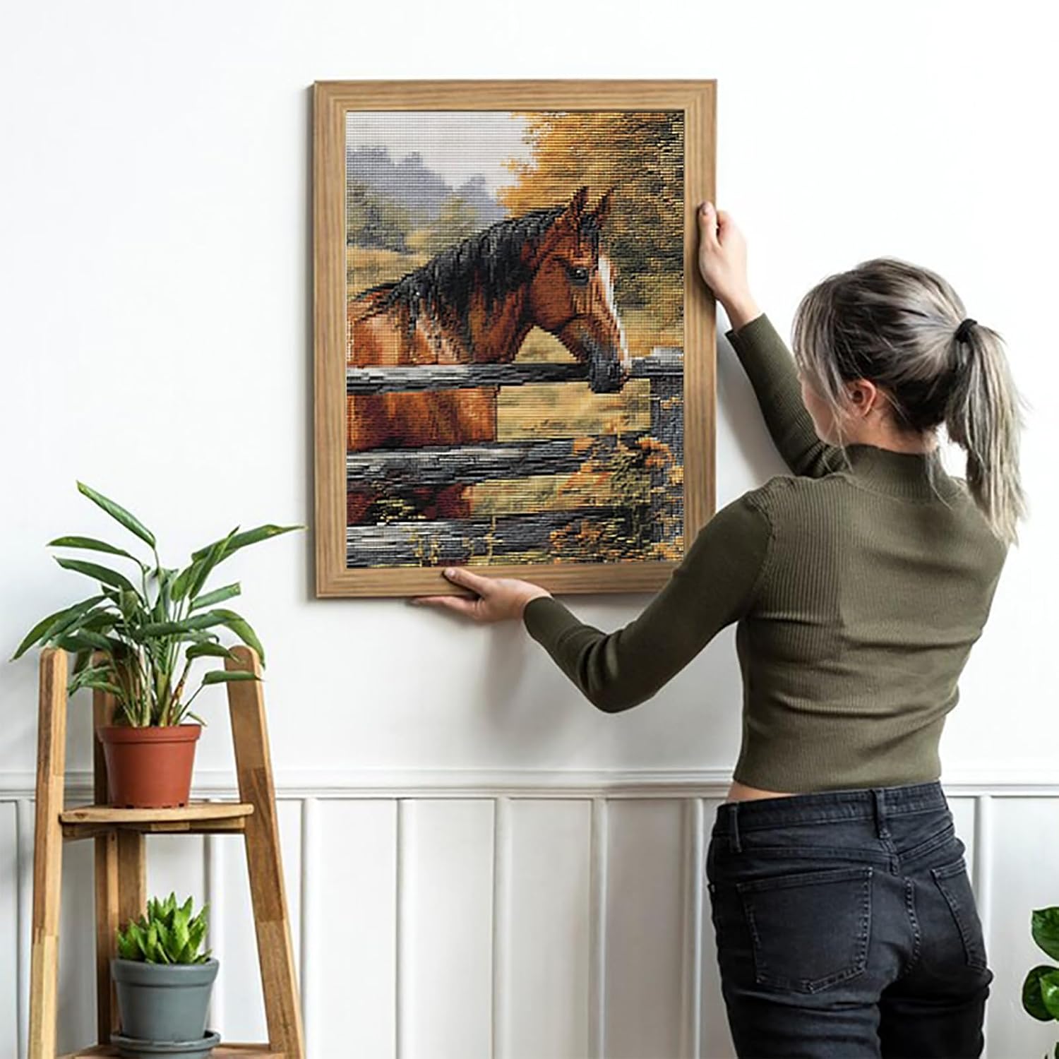 KFBXZIP Fence Farm Horse Counted 11CT Cross Stitch Kits for Beginners Color Printed Stamped Cross Stitch Supplies Needlework Printed Embroidery Kits with Tools DIY Kits, 12x16 inch image 2