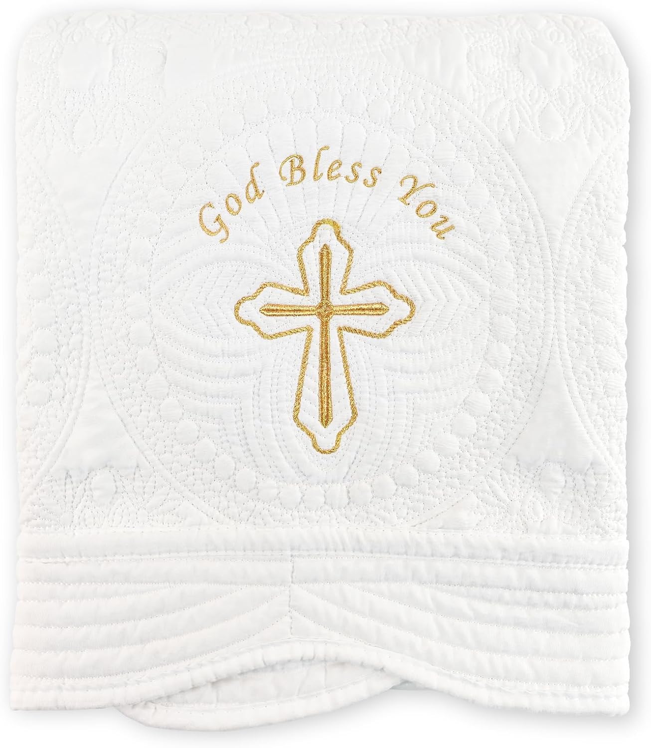 Embroidered Baptism & Christening Baby Blanket – Soft Quilted Cotton 33×45 in Heirloom Quilt for Boys & Girls, Scalloped Edges, Christian Keepsake with Gift Box