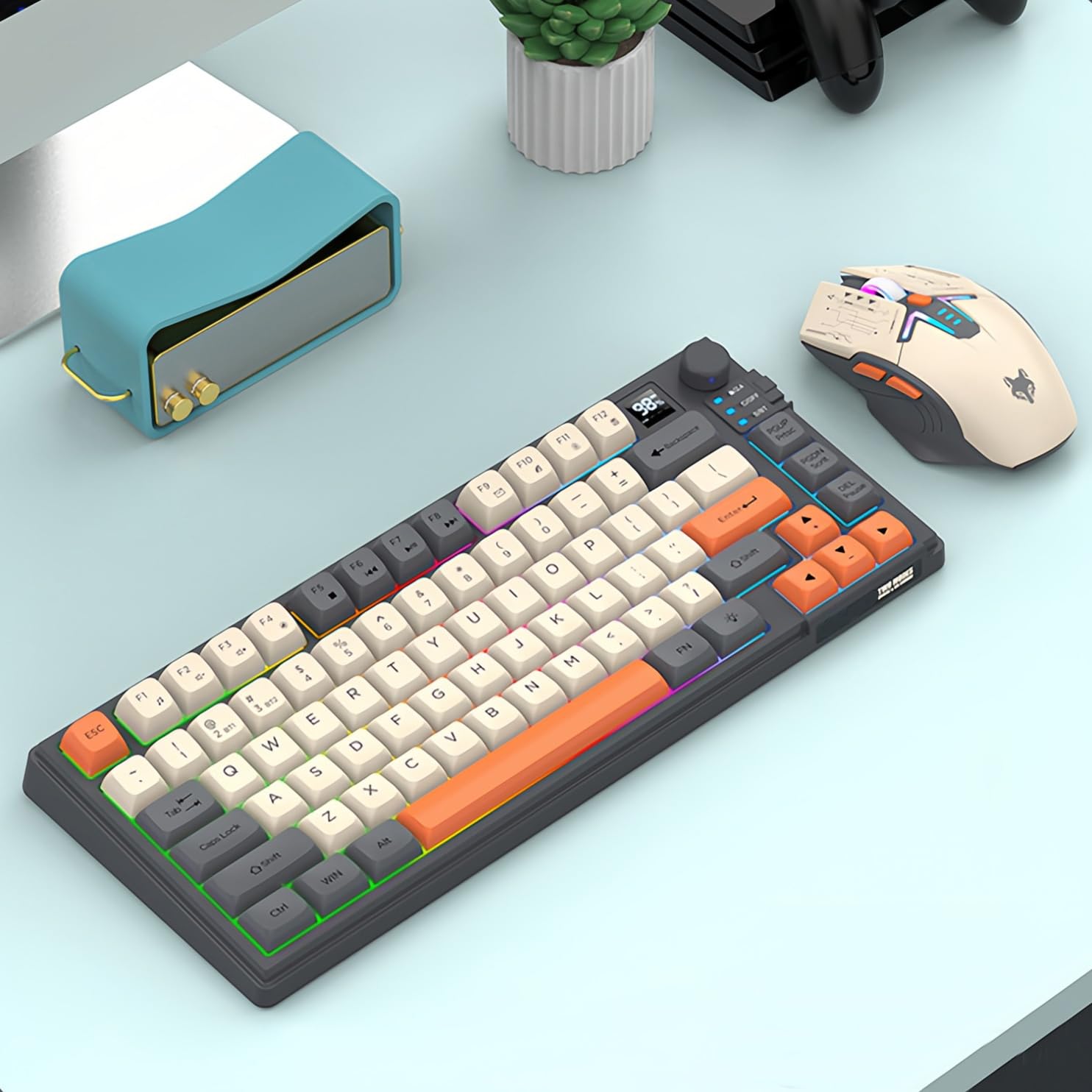 Tastiera e Mouse Wireless Combo con Controllo Volume Doppia Modalità 80 Tasti Schermo Display Colore Luce Ricaricabile Mouse DPI Regolabile per Gaming Computer PC