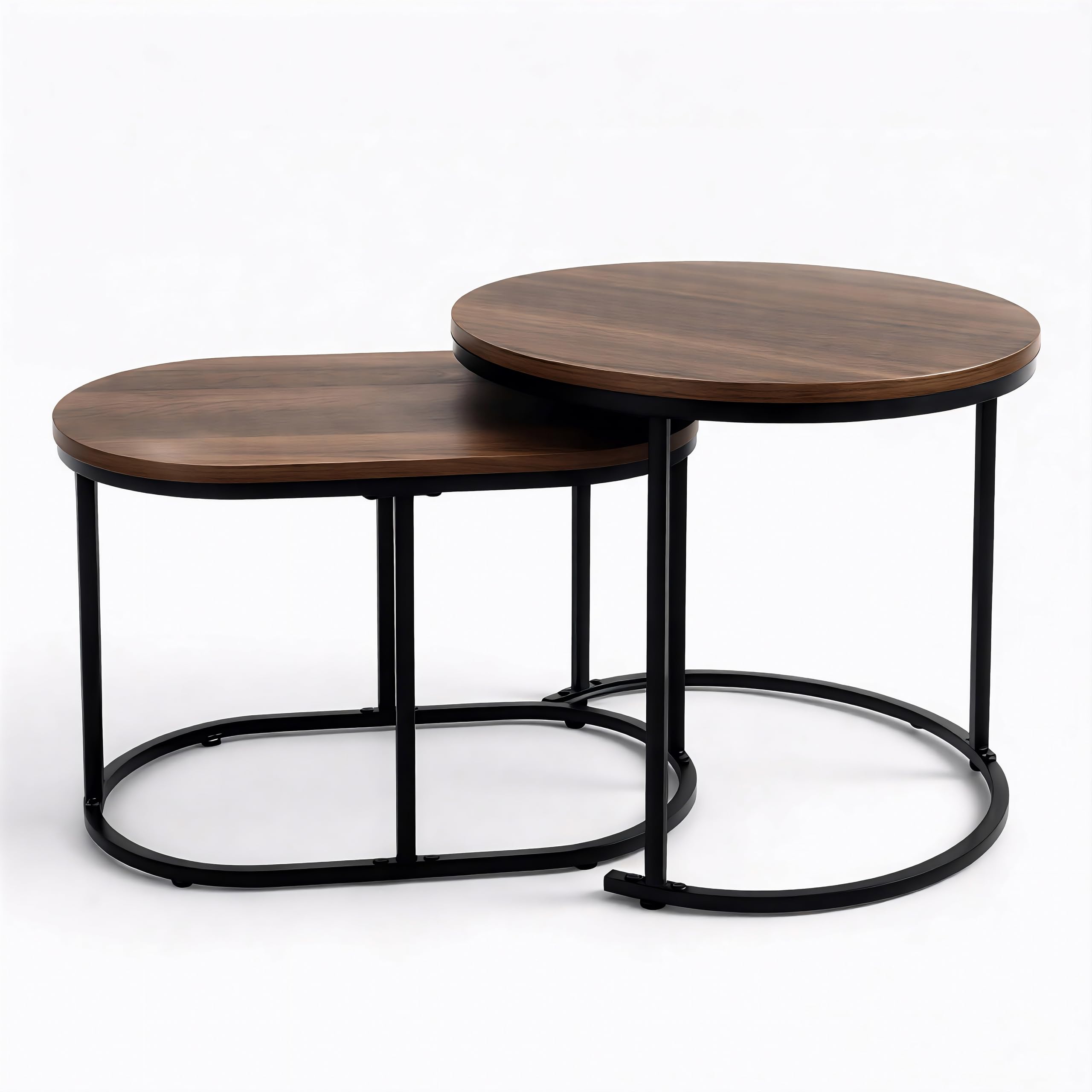 Couchtisch Rund & Oval, 2er Set Satztisch Holzoptik, Schwarz | Platzsparendes Satztisch Set für Wohnzimmer, modernes Nesting Design, stabiles Metallgestell