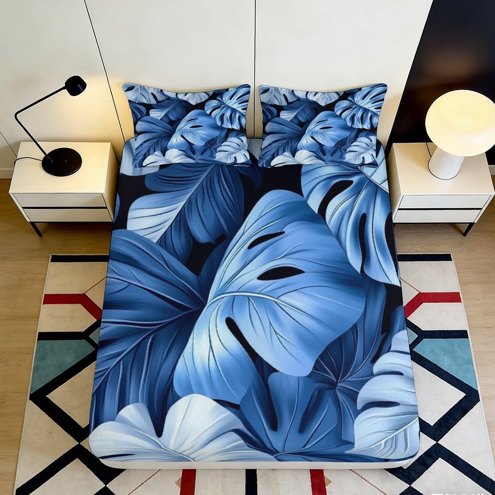 3D Printed Blue Monstera Fitted Sheet Microfiber Soft Breathable Tropical Leaf Bed Cover for Bedroom Decor 200x200x25cm