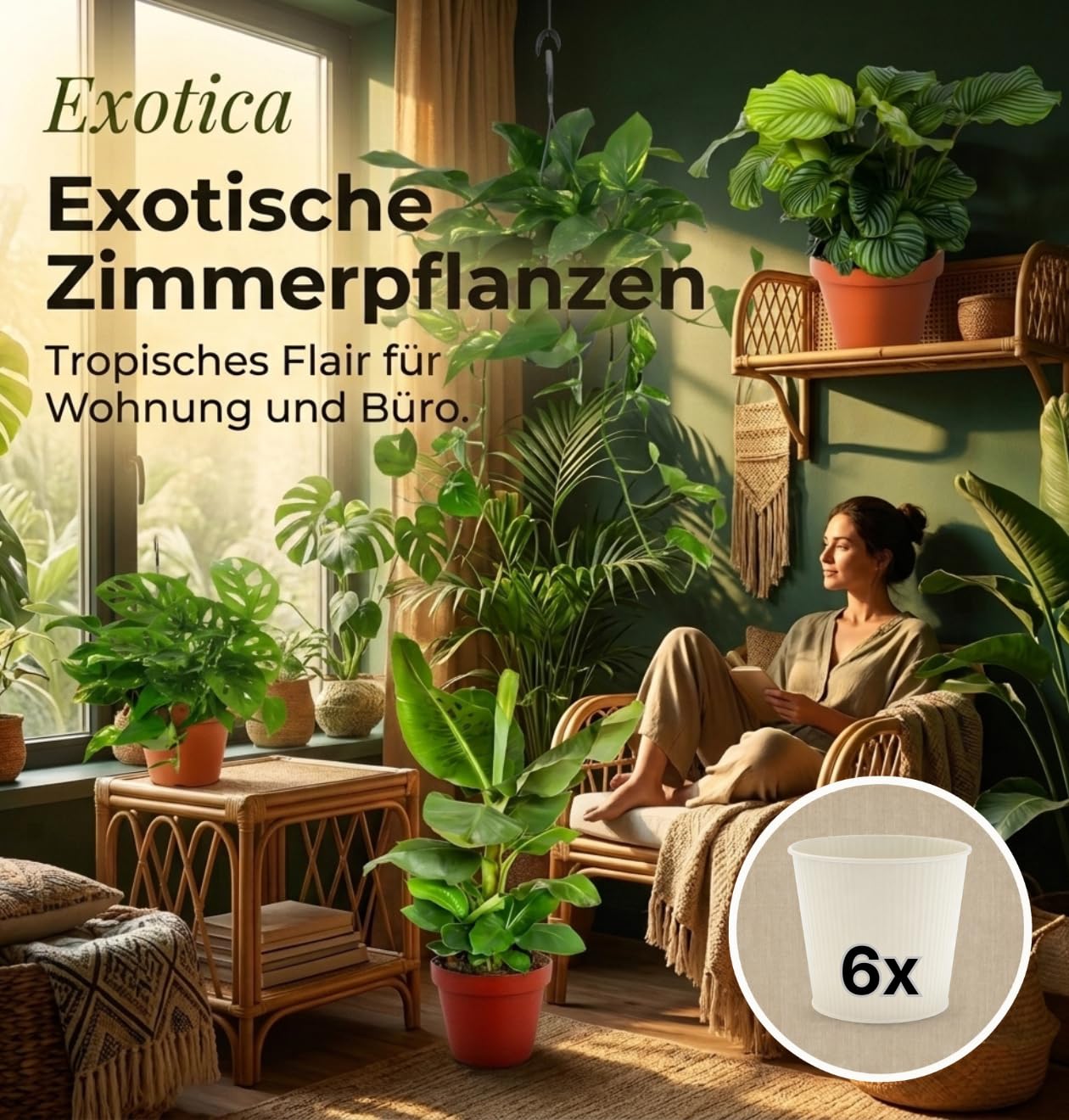 “Exotica” Pflanzenset + 6x Cremefarbener Zinktopf | 6er-Set | Monstera, Musa, Calathea, Adansonii, Efeutute, Sansevieria | ca. 25-50 cm | Ø 12-15 cm Topf | Exotische Zimmerpflanzen