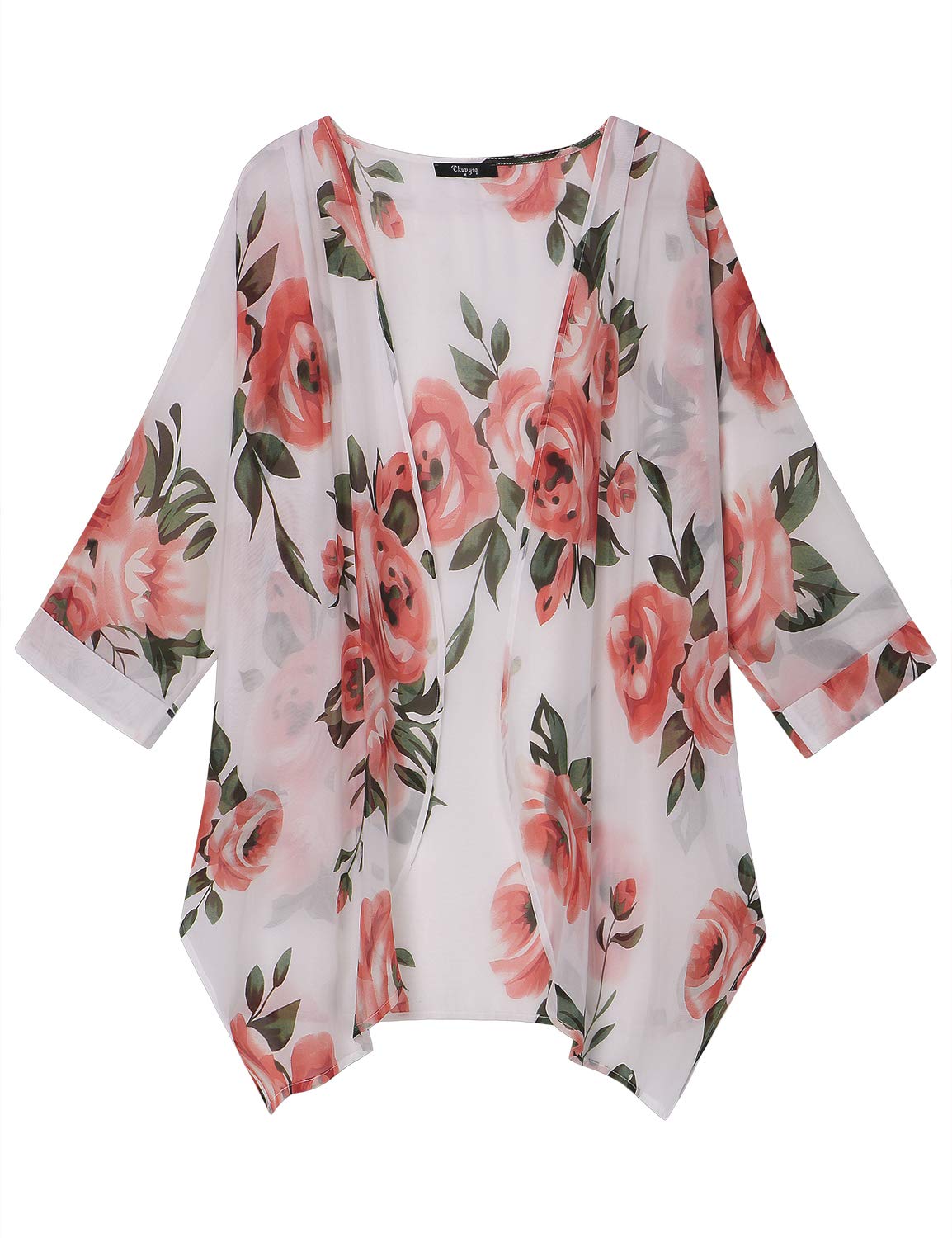 CkuvysqWomen's Floral Print Short Sleeve Irregular Hem Kimono Sheer Chiffon Loose Cardigan