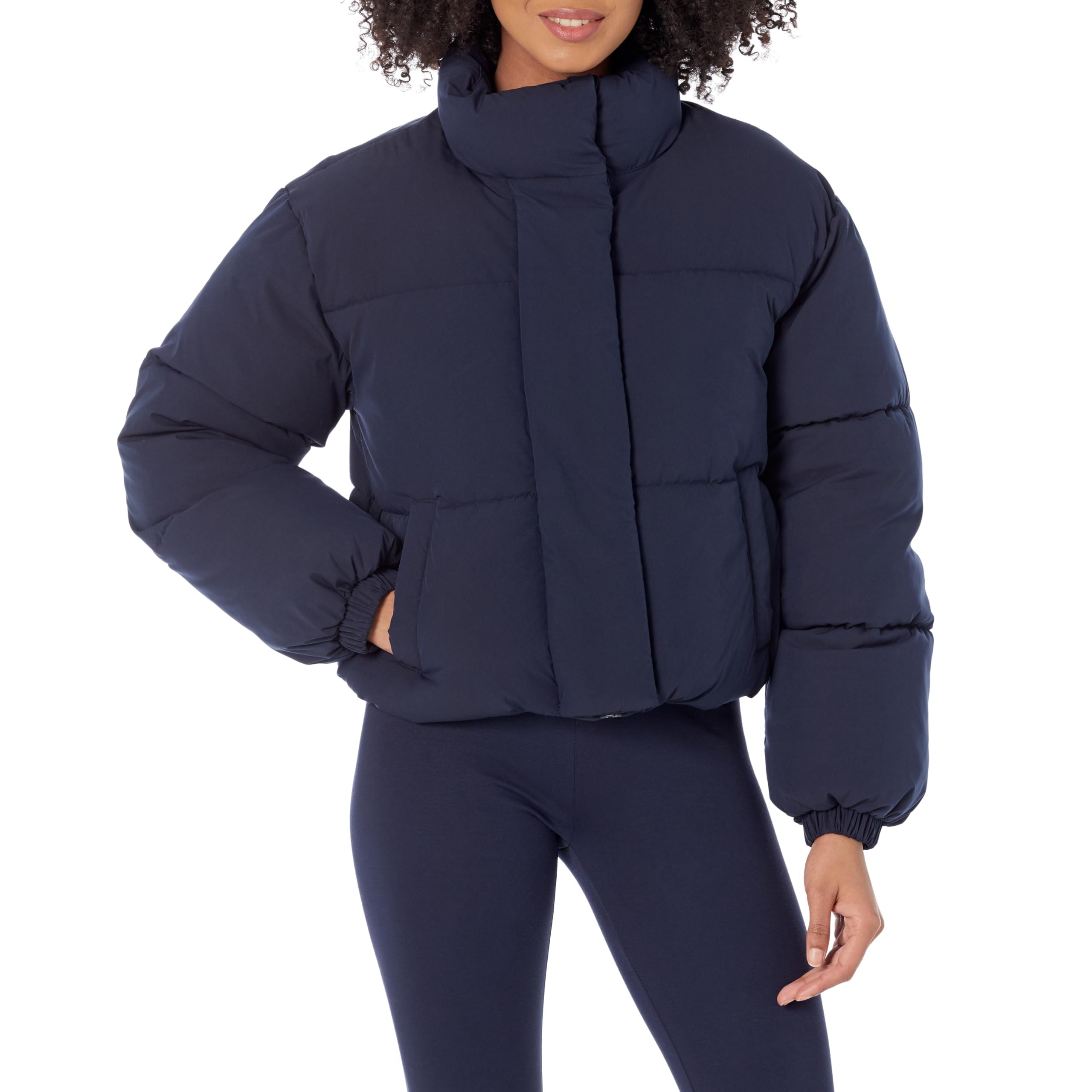 Amazon Essentials Women's Cropped Full-Zip Puffer Jacket (Quilted Matte or Sherpa Fleece), Navy, L