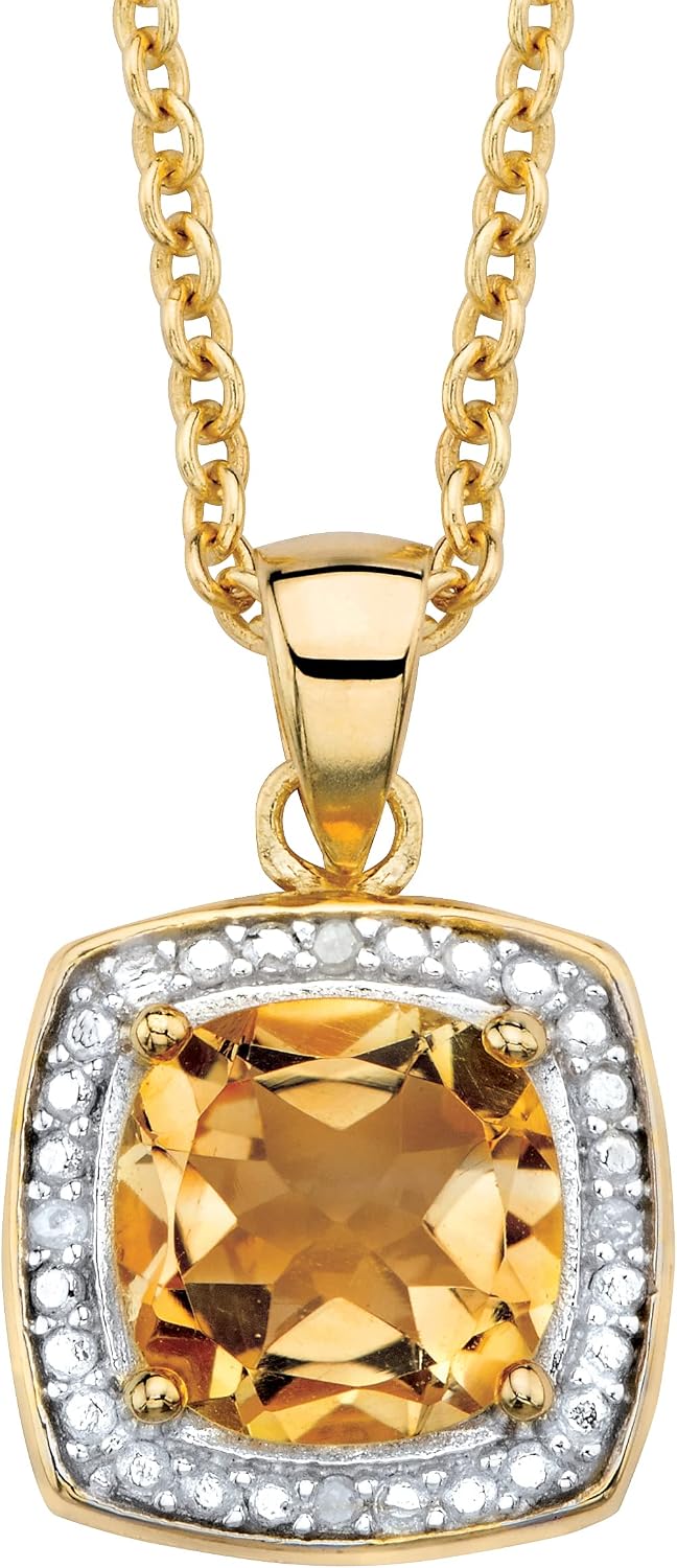 Palm Beach Jewelry PalmBeach Yellow Gold-Plated Sterling Silver Princess Cut Genuine Yellow Citrine Halo Pendant (12mm) with 18 inch Chain