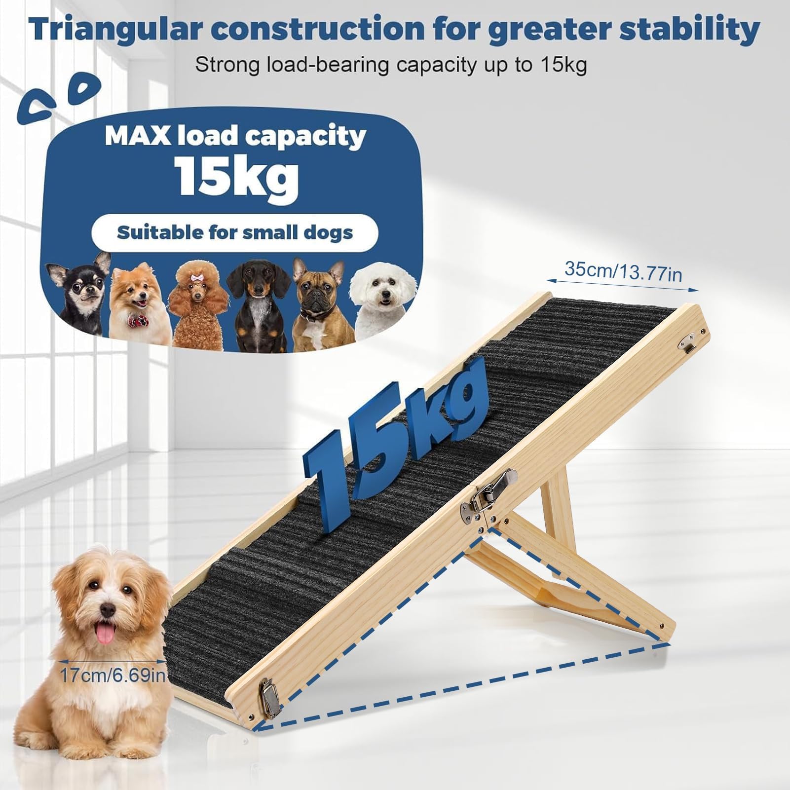 Rampa para perros pequeños, rampa para perros para cama, rampas plegables para mascotas de 11 pulgadas de ancho para que los perros pequeños se suban al sofá del automóvil, ajustable de 10 a 19 a 32
