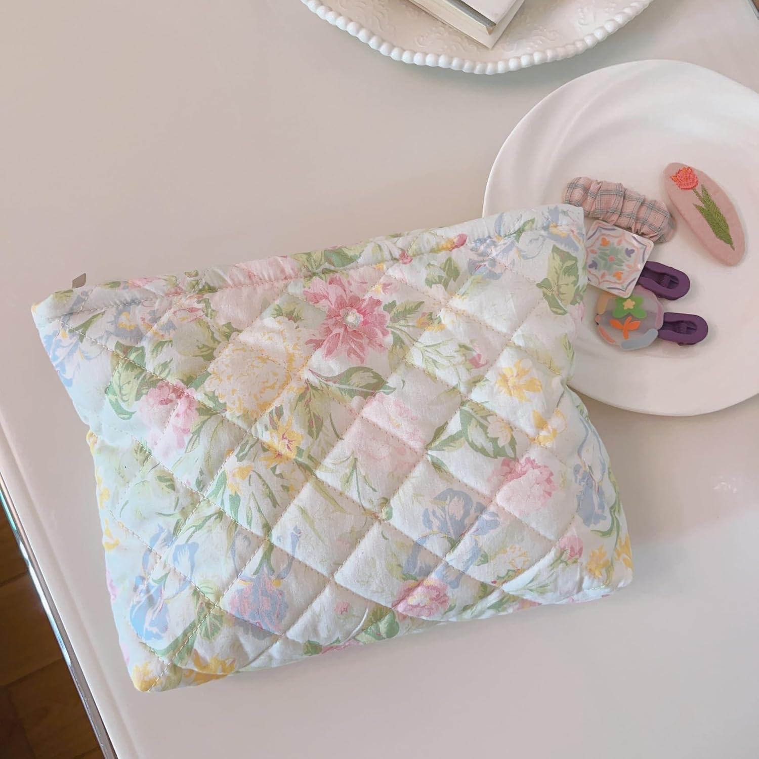 Floral Quilted Cotton Shoulder Bag Set 3-in-1 Handbag with Matching Mini Pouch Cosmetic Bag Large Capacity Tote A053