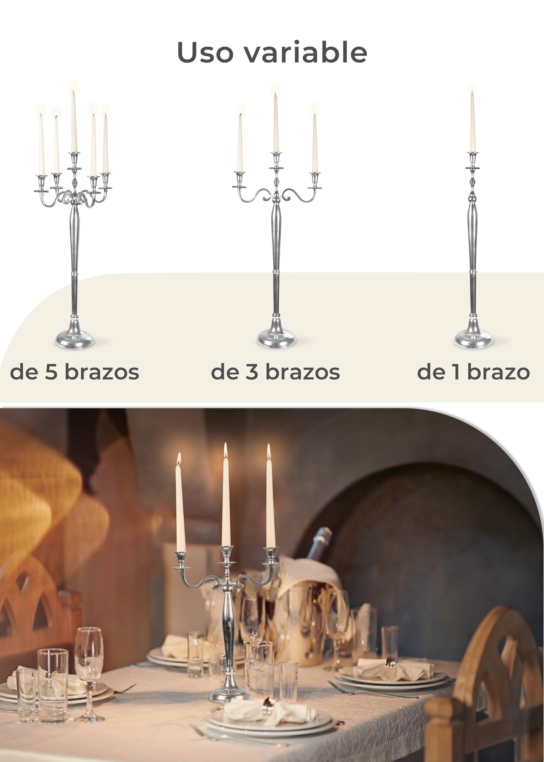 Gräfenstayn Candelabro 1, 3 o 5 Brazos - Diferentes tamaños - Candelabro en Color Plata, Negro, Blanco o Dorado (XL, Plata)