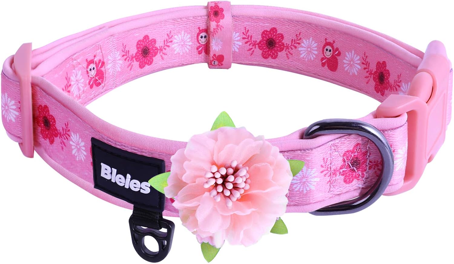 Cute Girl Dog Collar for Medium Dog, Adjustable Pink Flower Dog Collars, Floral Pattern Personalized Dog Collar with Detachable Flower,…