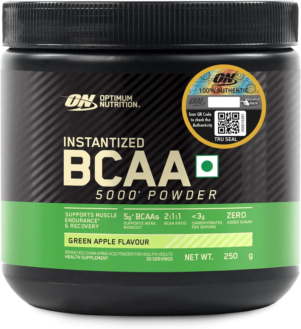 BCAA, 5g BCAAs in 2:1:1 Ratio, 30 servings, For Muscle Recovery & Endurance, Intra workout, Informed Choice certified (250gm, Green Apple)