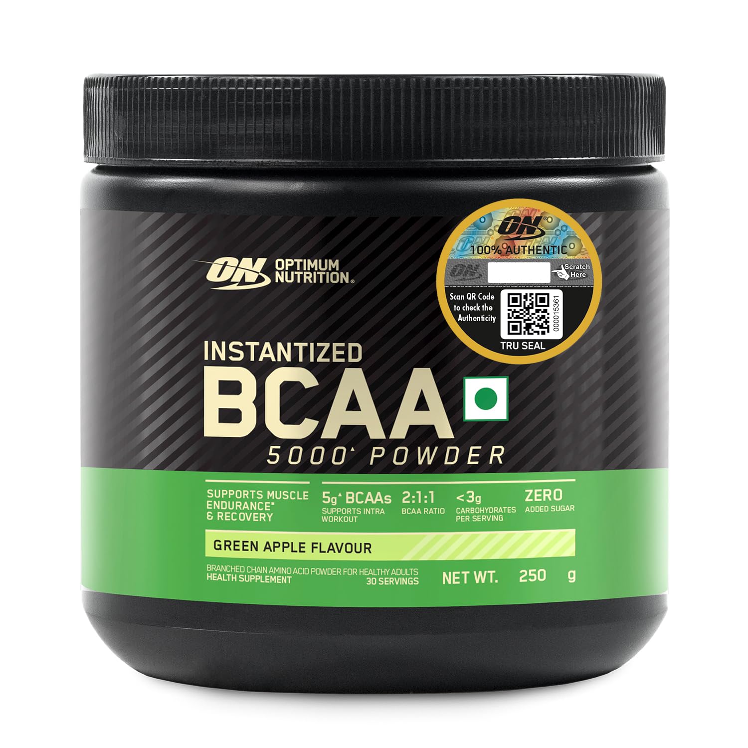 Optimum Nutrition BCAA, 5g BCAAs in 2:1:1 Ratio, 30 servings, For Muscle Recovery & Endurance, Intra workout, Informed Choice certified (250gm, Green Apple)