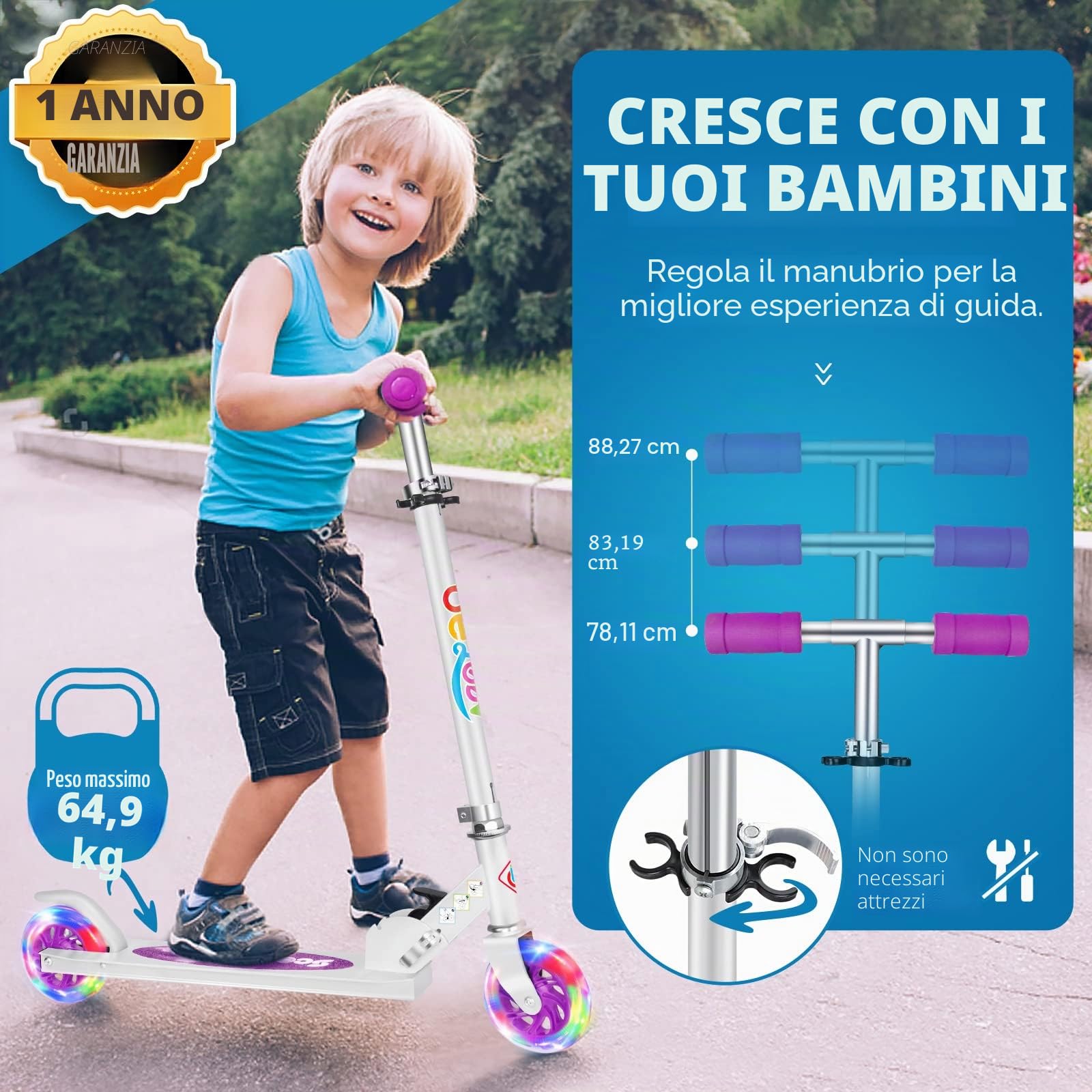 BELEEV V1 Monopattino per Bambino 2 Ruote con Supporto, 3 Monopattini per Bambini Regolabili in Altezza, Monopattino Scooter per Bambina con Il LED Illumina le Ruote per Ragazze e Ragazzo