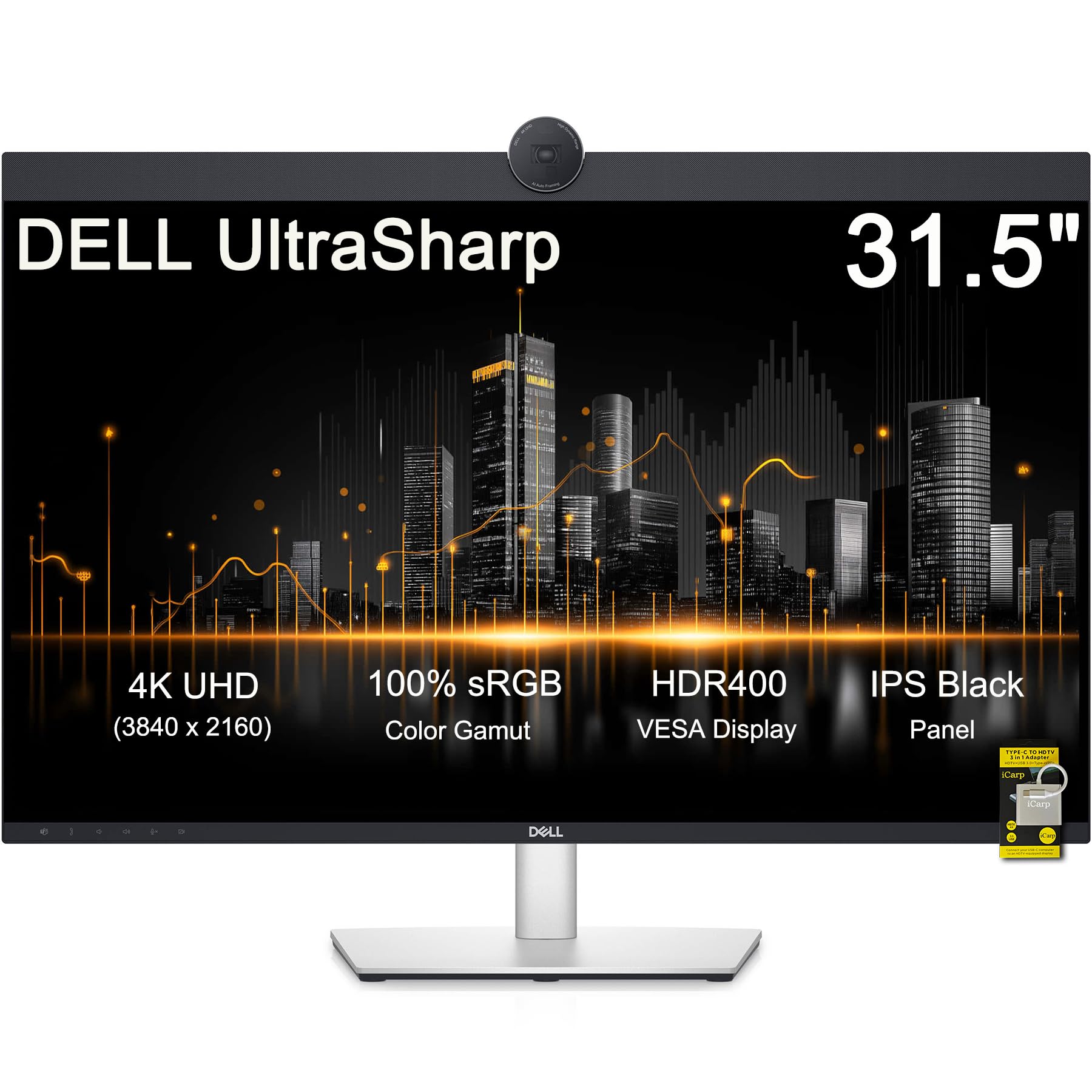 Dell UltraSharp 31 5 4K Video Conferencing Monitor - UHD 3840x2160 - IPS Black - 5ms GTG -