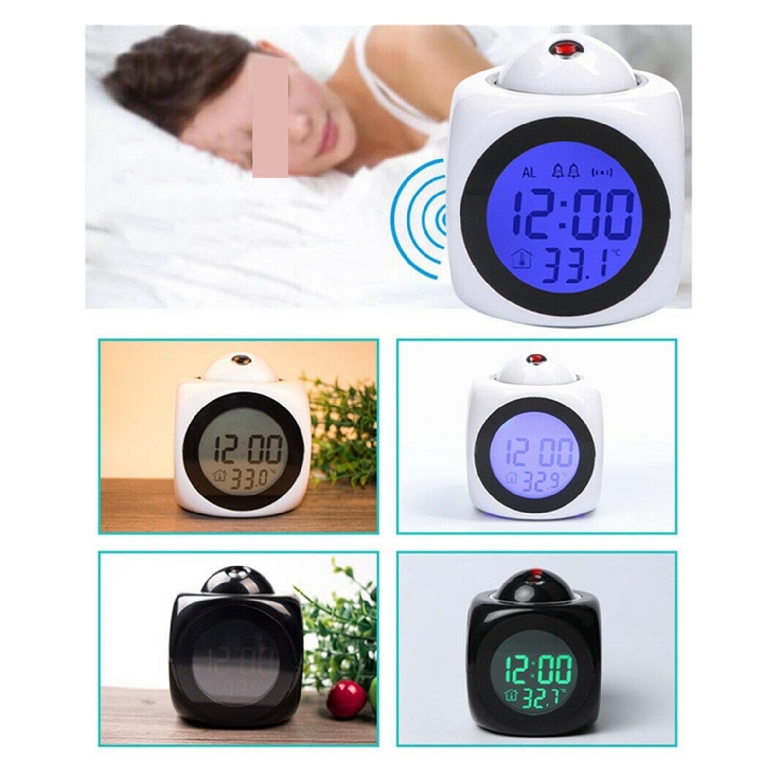 Cyfrowy Budzik LCD Kreatywny Projektor Pogoda Temperatura Czas Na Biurku Wyświetlanie Daty Projekcja Ładowarka USB Domowy Zegar Timer WyraźNy Obraz(Black)