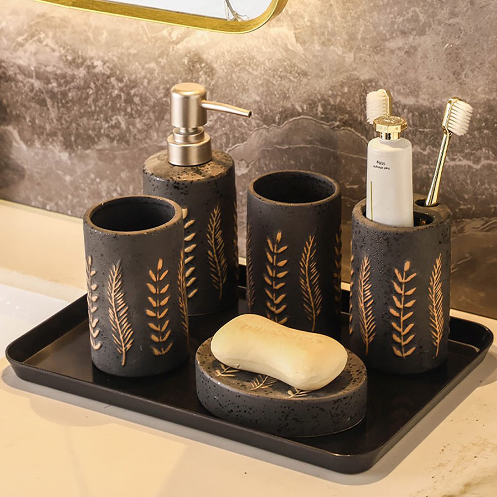 Juegos de Accesorios de baño, Acesorios Cuartos de Baño 5 Piezas con Dispensador Jabon Baño, Jabonera Baño, Porta Cepillo de Dientes, Bandeja, para Champú Gel de Ducha Cerámica Marrón